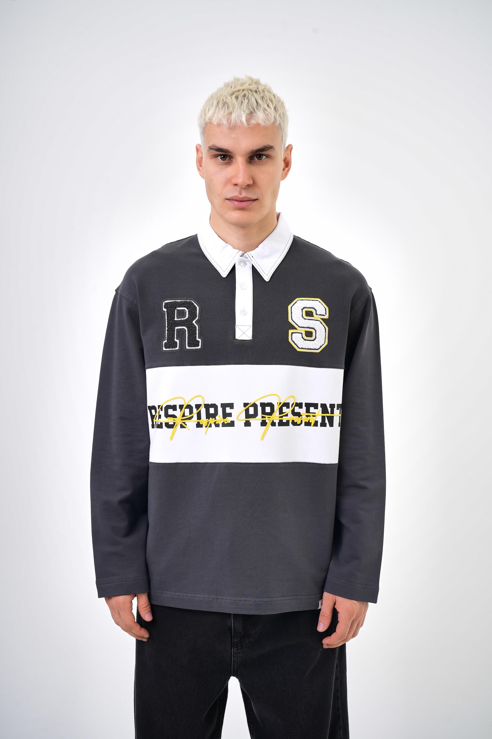 Respire Present Yazılı Nakışlı Polo Yaka Oversize Sweatshirt - Füme