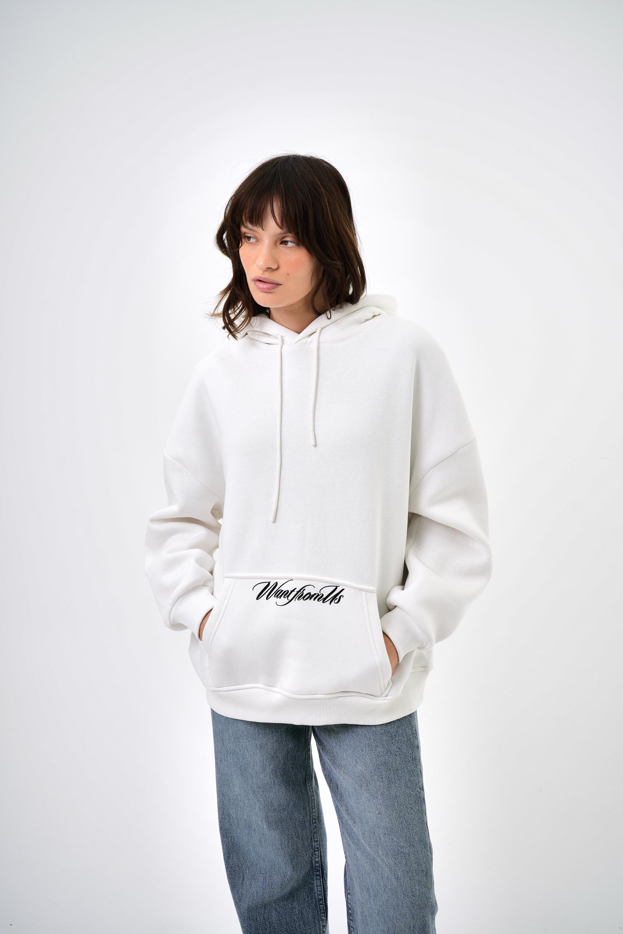 Kadın Want From Us Yazılı Kanguru Cepli Kapüşonlu Oversize Hoodie - Ekru