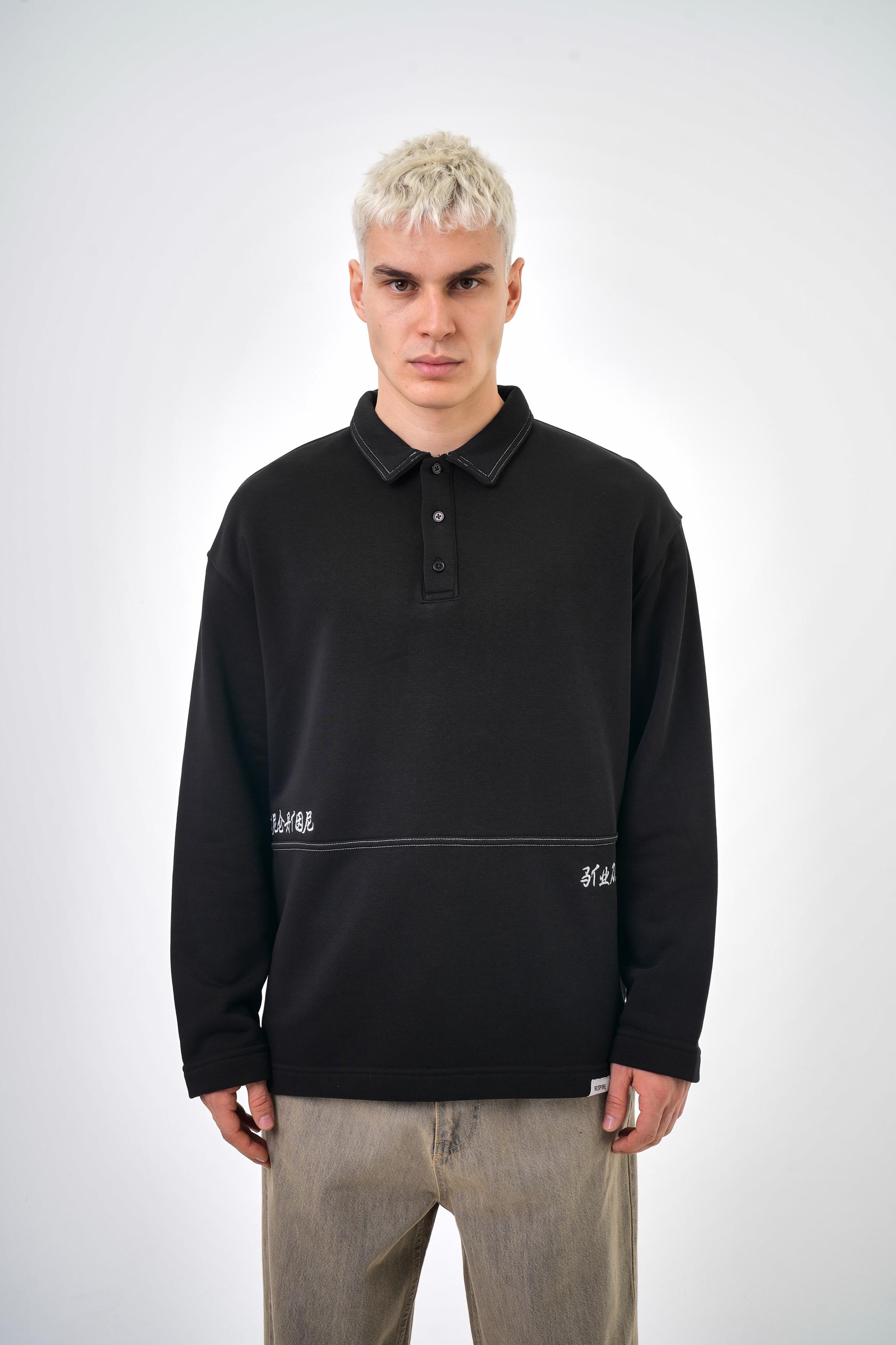 Düğme Detaylı Street of Res Yazılı Oversize Sweatshirt - Siyah