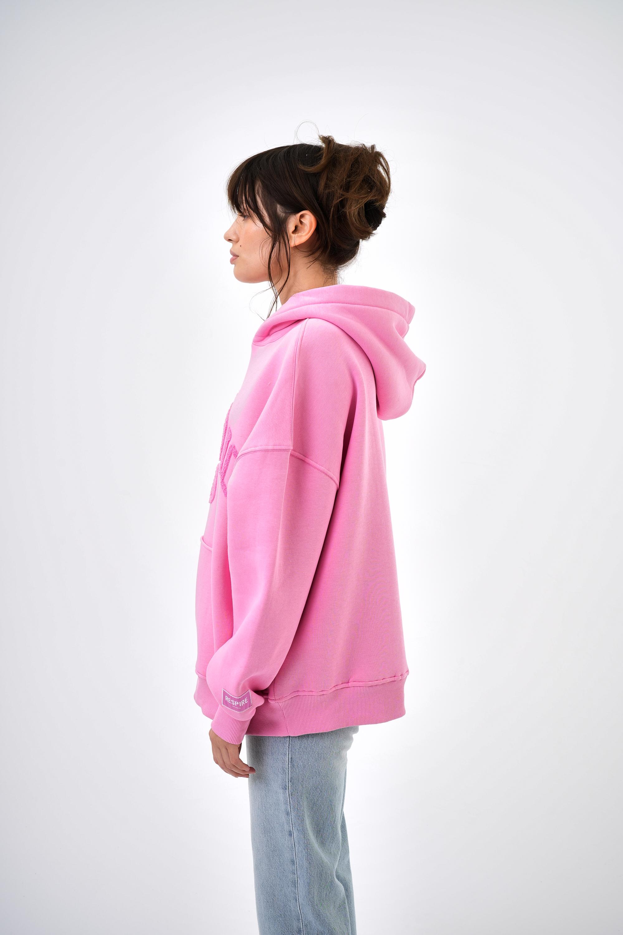 Kadın Res Studio Yazılı Kanguru Cepli Kapüşonlu Oversize Hoodie - Pembe