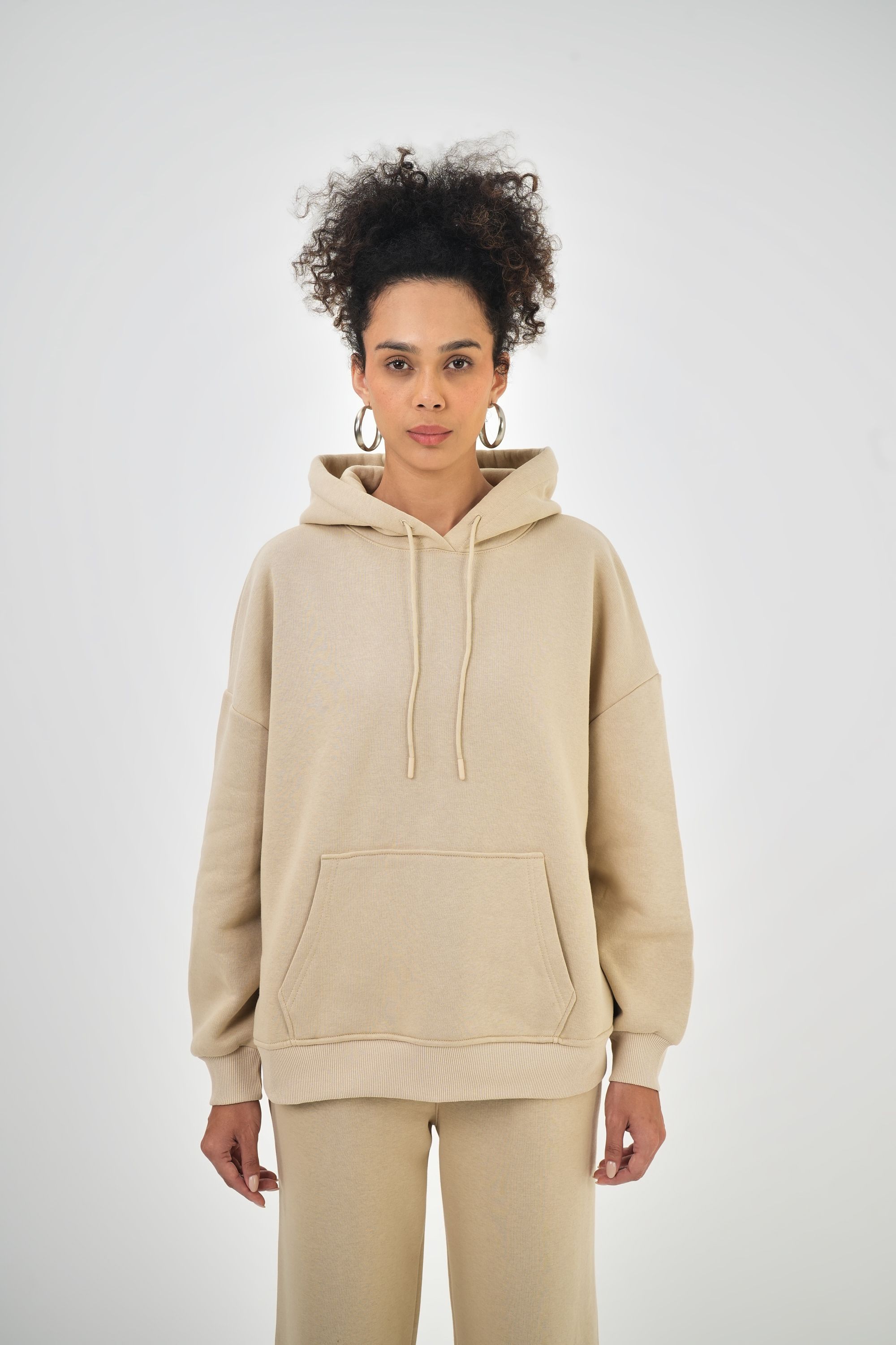 Kadın Kanguru Cepli Kapüşonlu Basic Oversize Hoodie - Bej