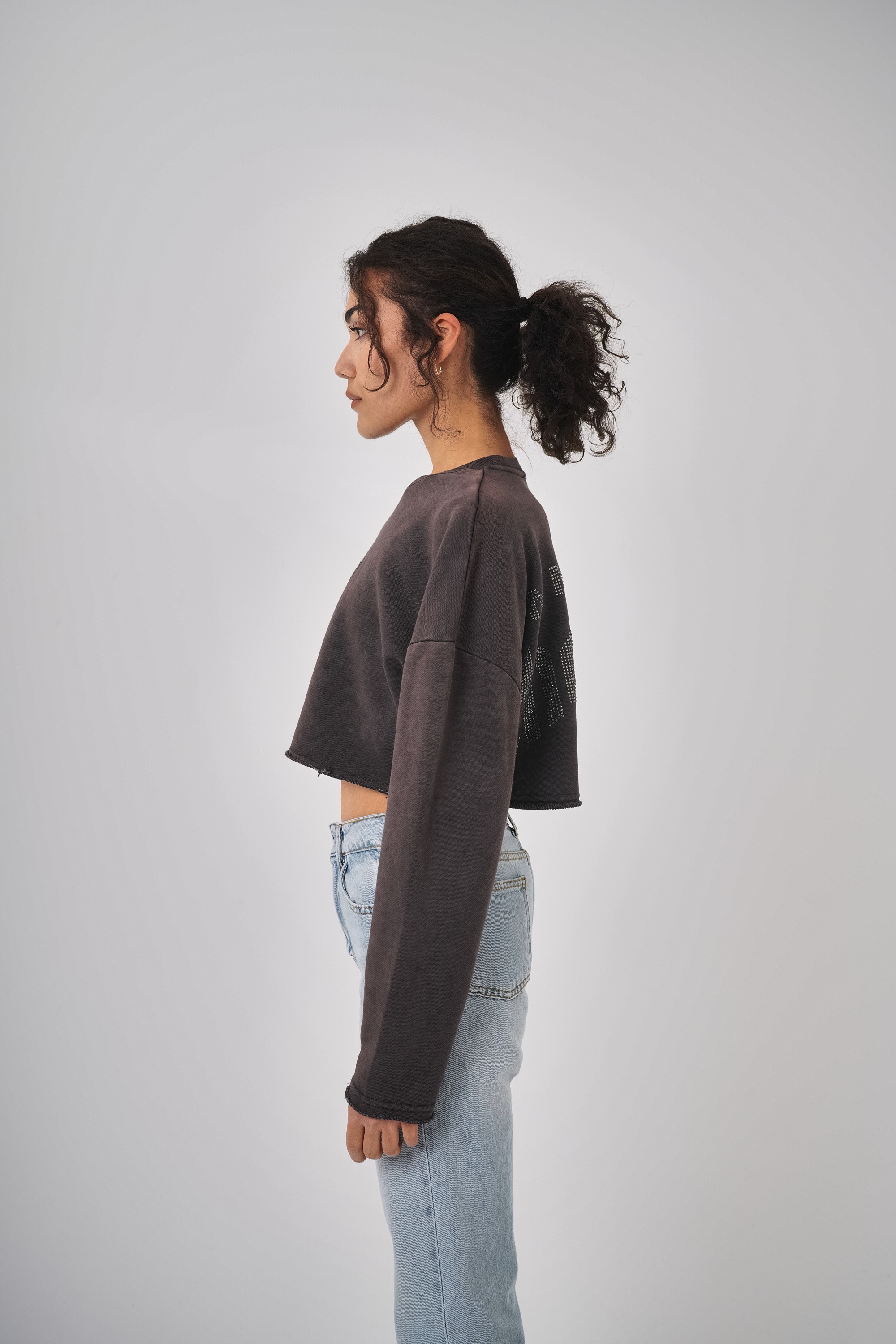 Kadın Yıkamalı Yazılı Taş Detaylı Crop Sweatshirt - Kahverengi