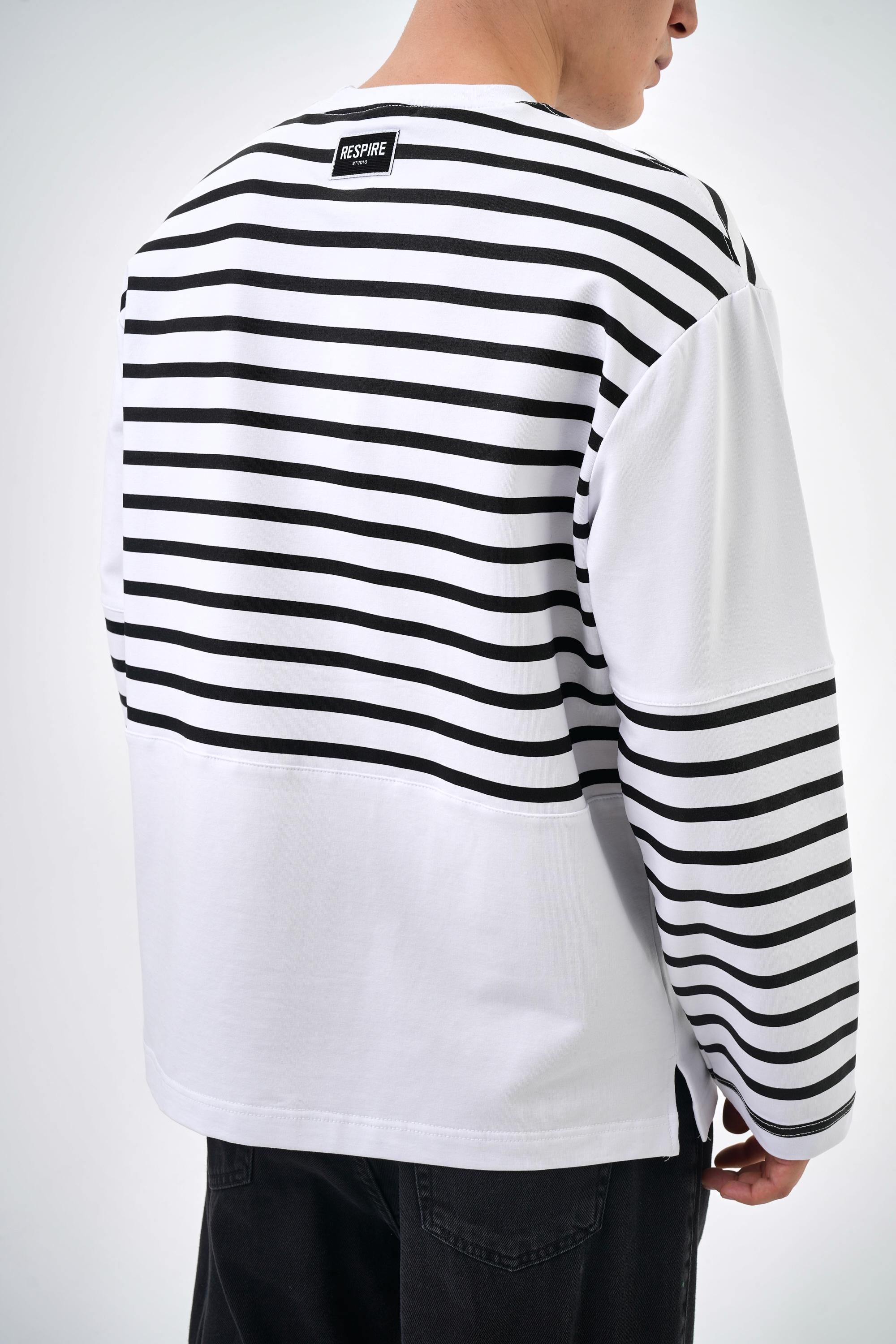 Erkek Overisize Çizgili Striped Sweatshirt   - Beyaz