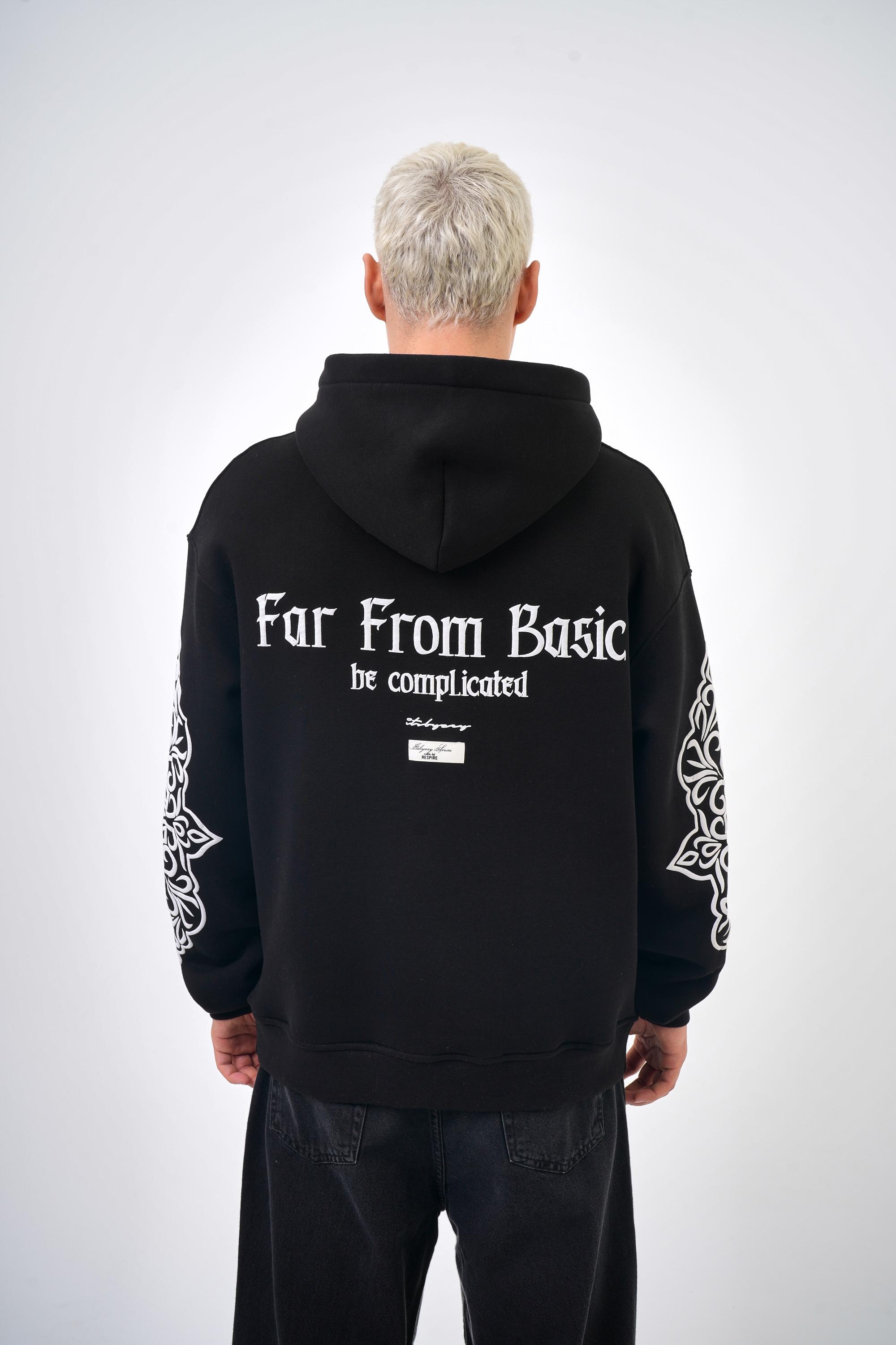 Erkek Oversize Far From Basic Baskılı Kapüşonlu Hoodie - Siyah