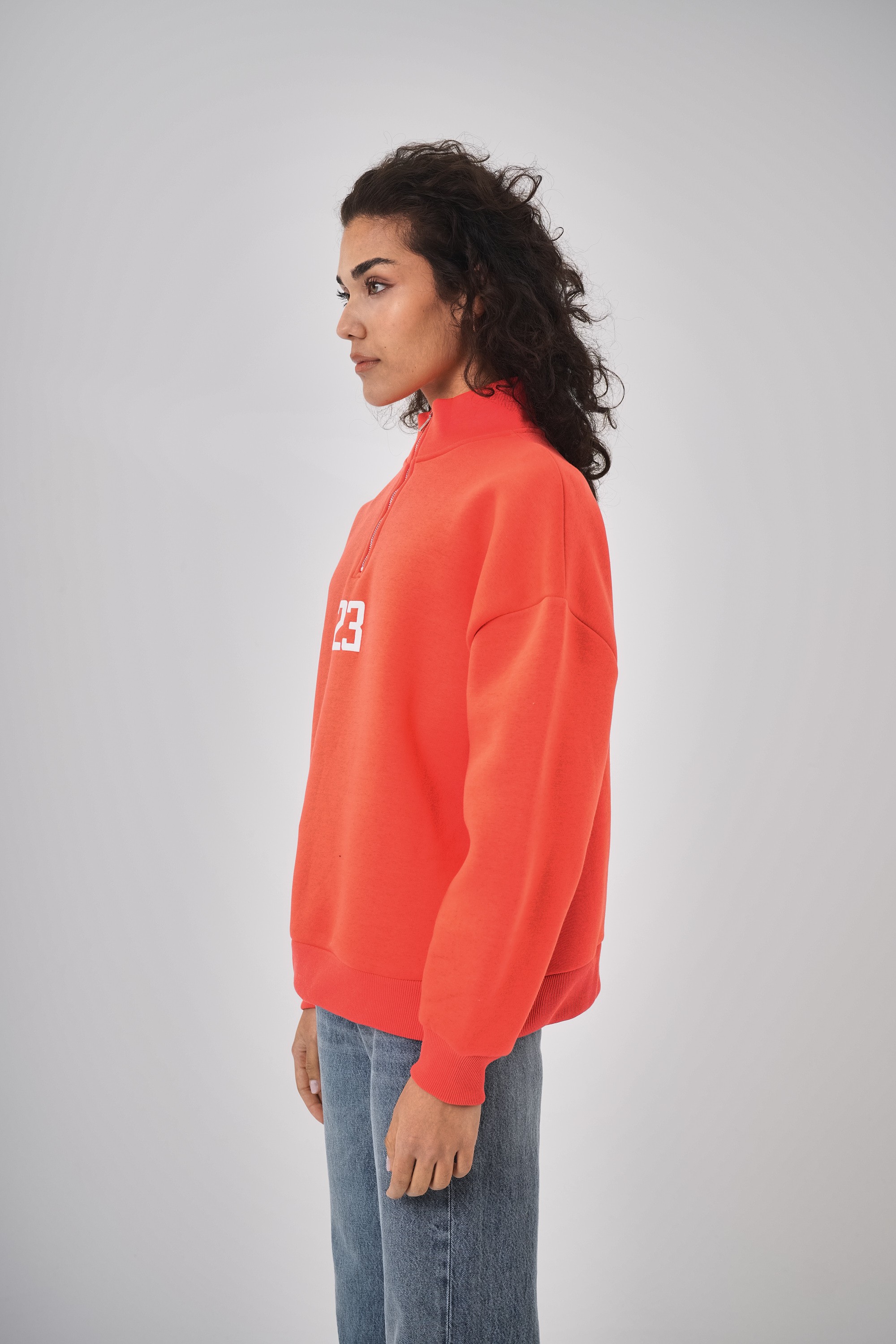 Kadın Oversize Baskılı Yarım Fermuarlı Sweatshirt - Nar