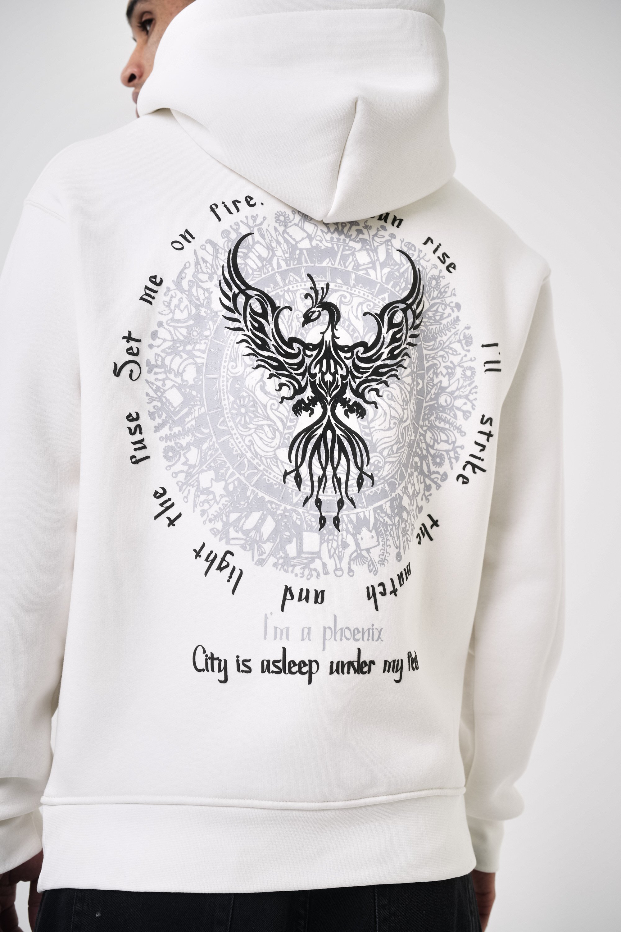 Erkek Phoenix Baskılı Oversize Hoodie - Ekru