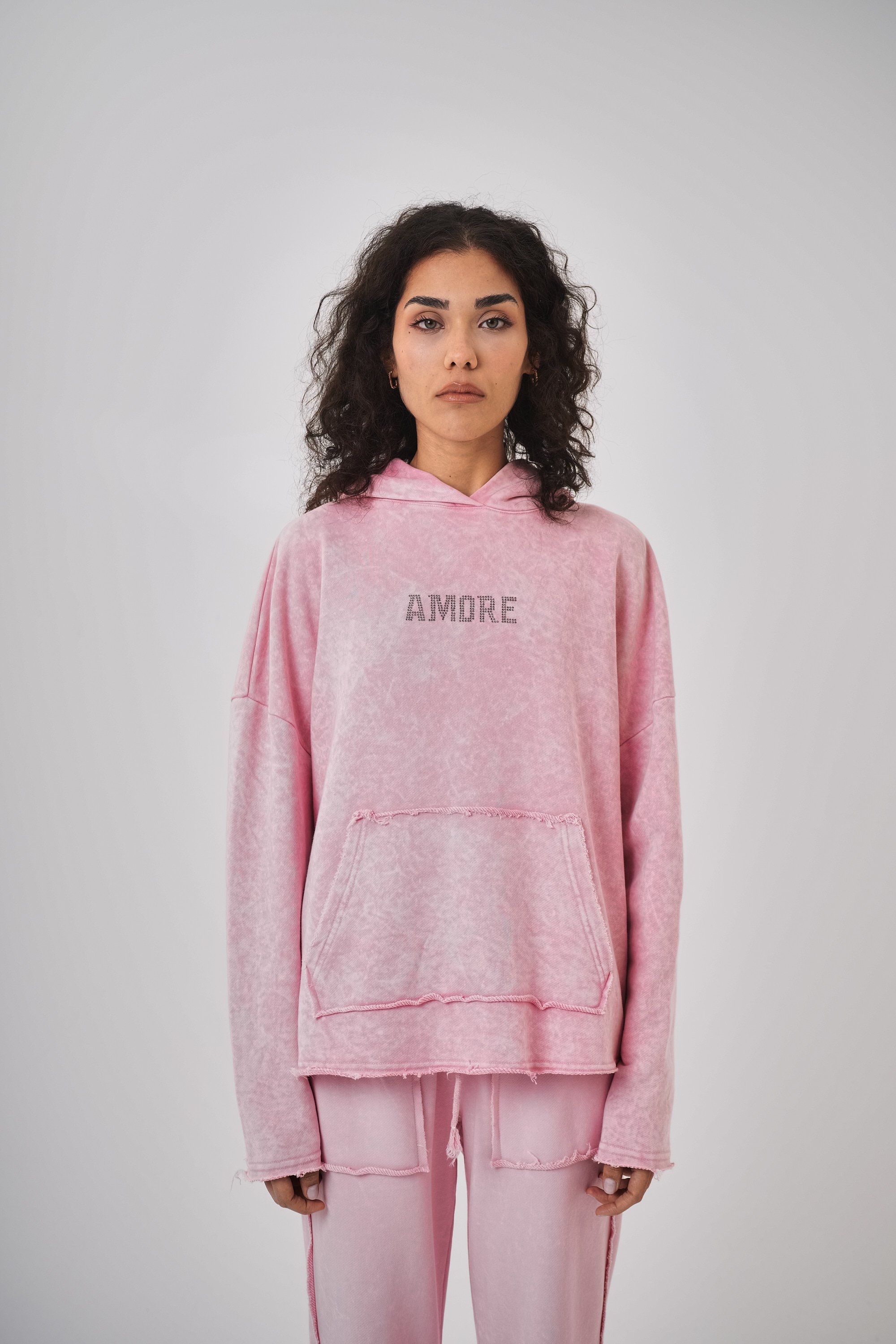 Kadın Yıkamalı Amore Detaylı Hoodie Takım - Pembe