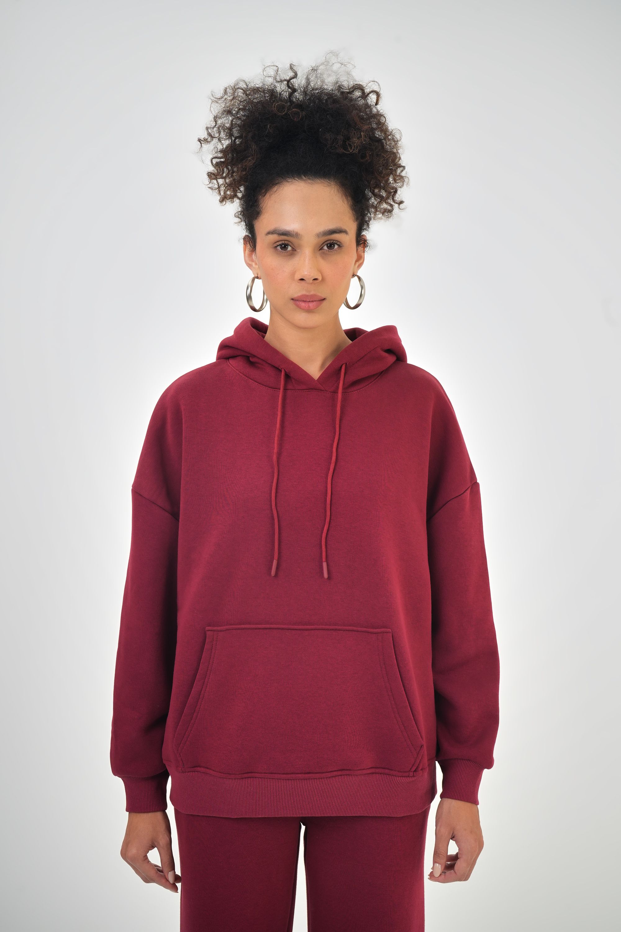 Kadın Kanguru Cepli Kapüşonlu Basic Oversize Hoodie - Bordo