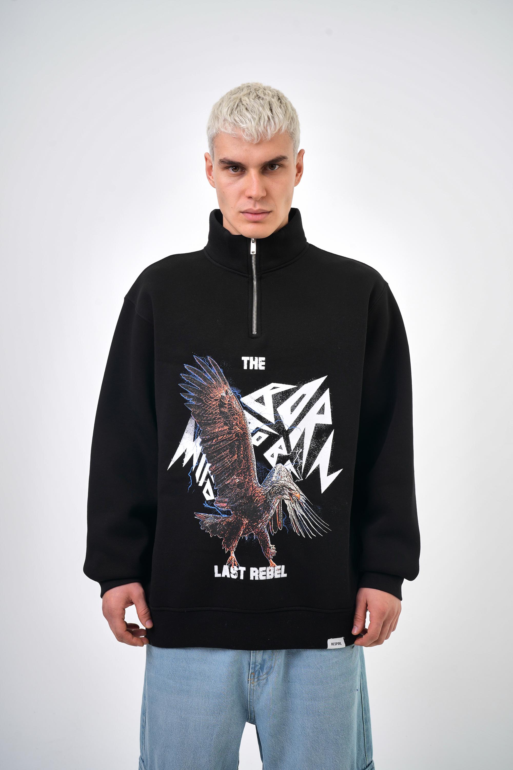 Erkek Oversize The Last Rebel Baskılı Yarım Fermuarlı  Sweatshirt - Siyah