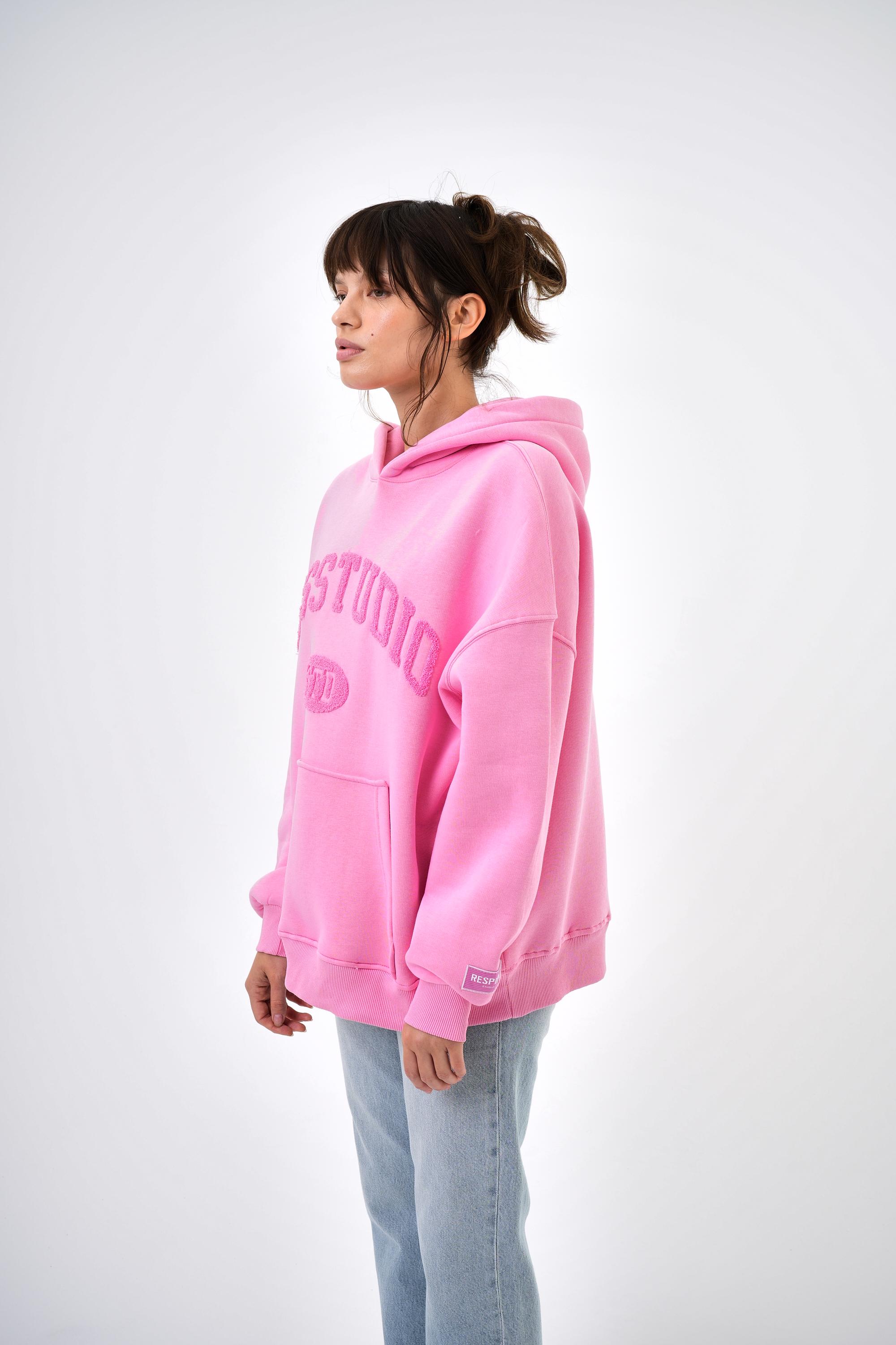 Kadın Res Studio Yazılı Kanguru Cepli Kapüşonlu Oversize Hoodie - Pembe