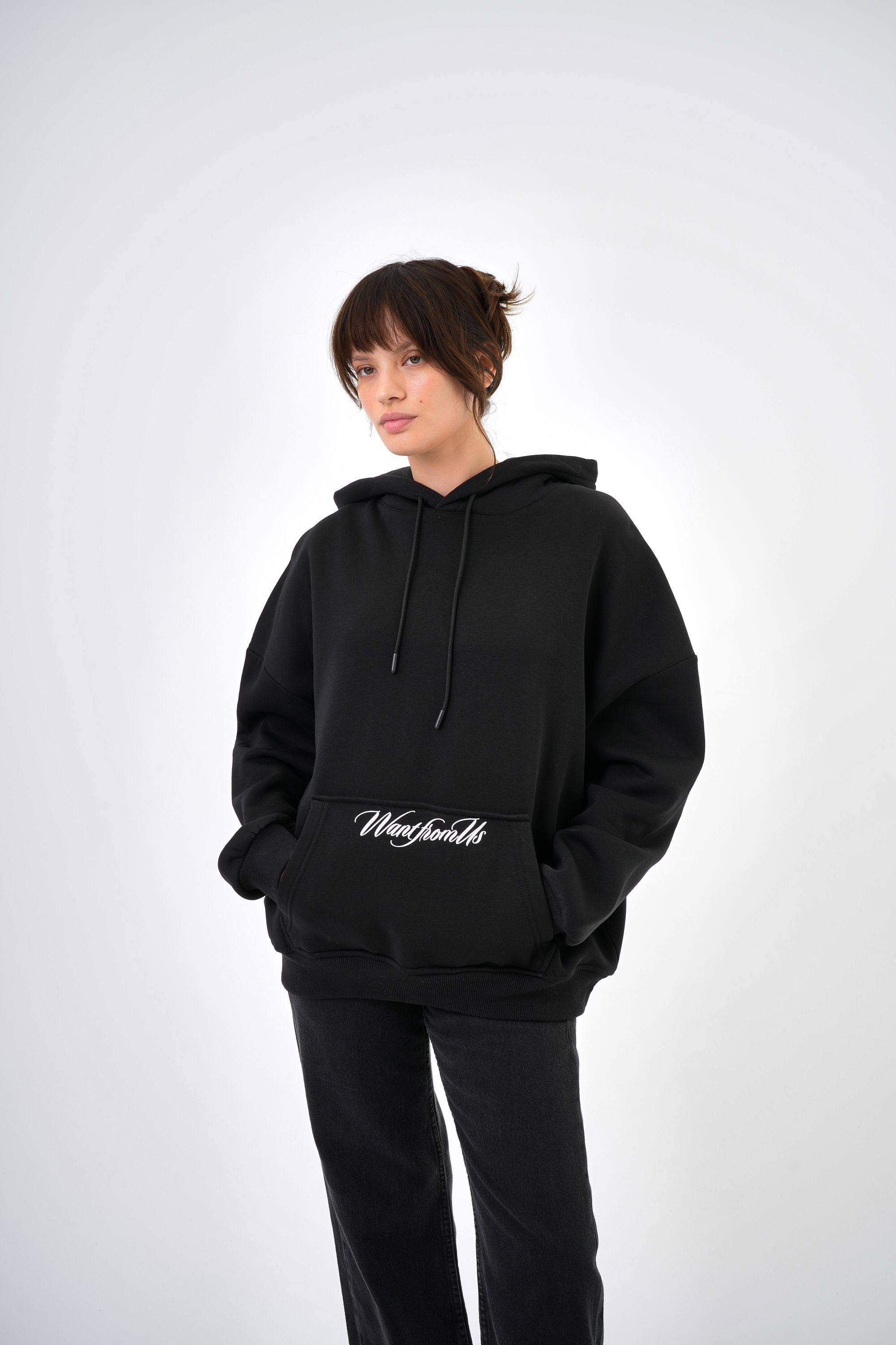 Kadın Want From Us Yazılı Kanguru Cepli Kapüşonlu Oversize Hoodie - Siyah