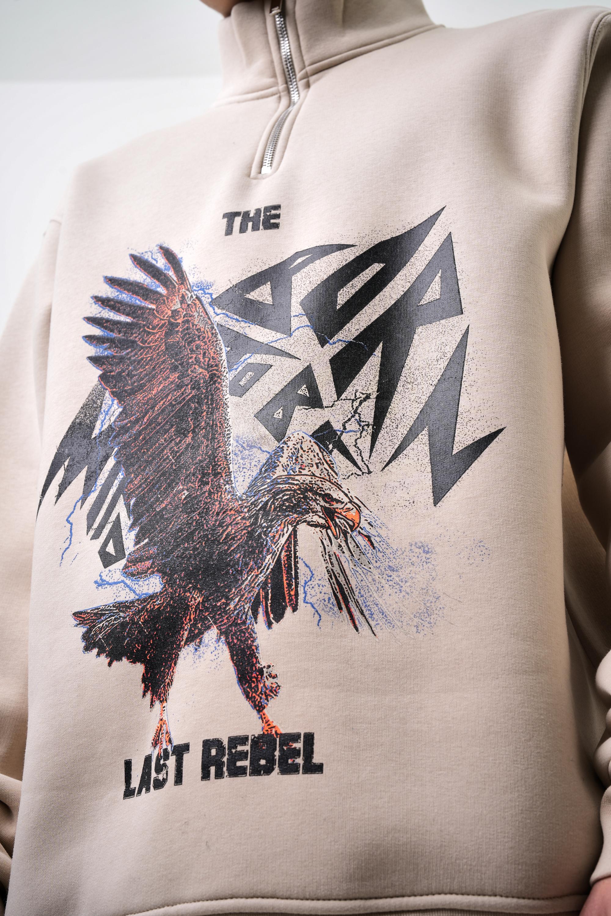 Erkek Oversize The Last Rebel Baskılı Yarım Fermuarlı  Sweatshirt - Bej