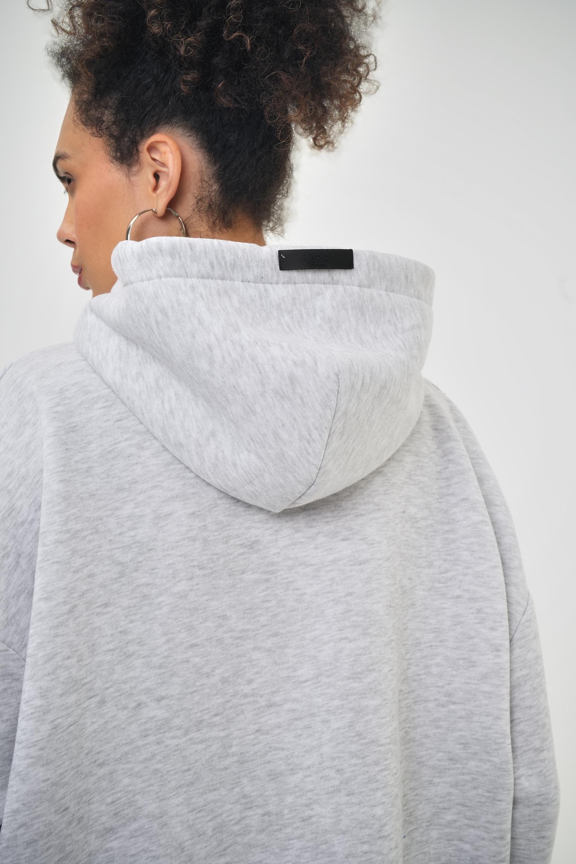 Kadın Kanguru Cepli Kapüşonlu Basic Oversize Hoodie - Kar Melanj