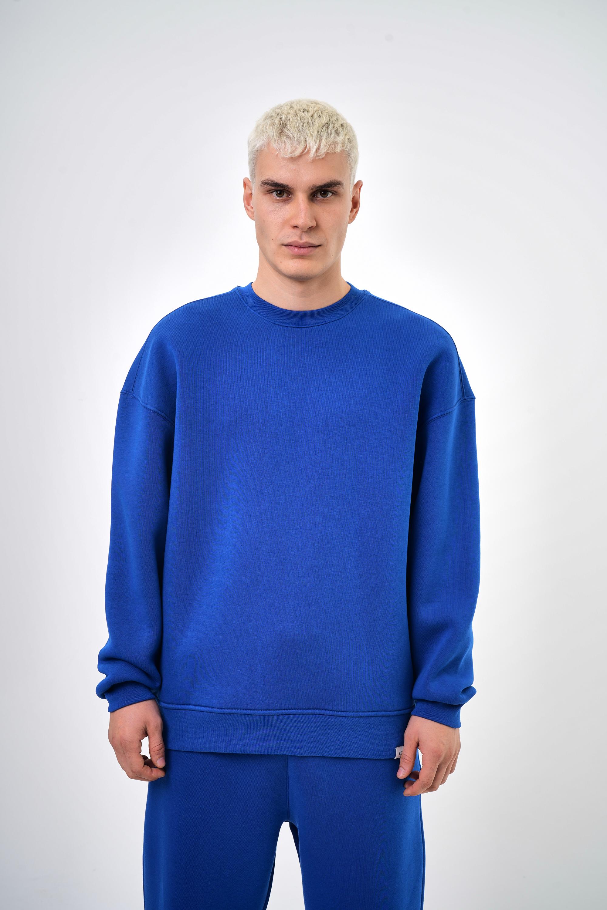 Erkek Bisiklet Yaka Basic Oversize Sweatshirt - Saks