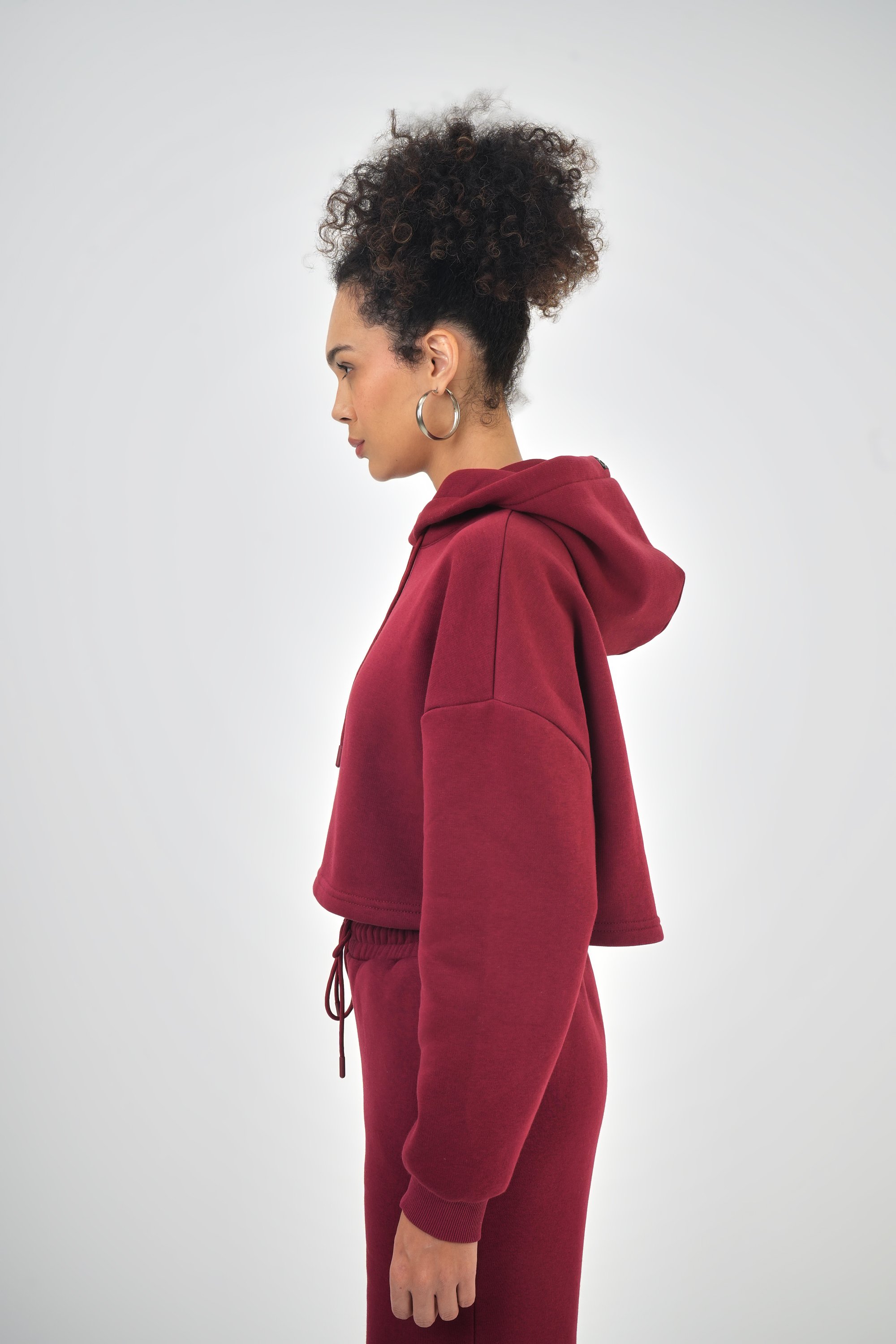 Kadın Kapüşonlu Bağcık Detaylı Oversize Basic Crop Hoodie - Bordo