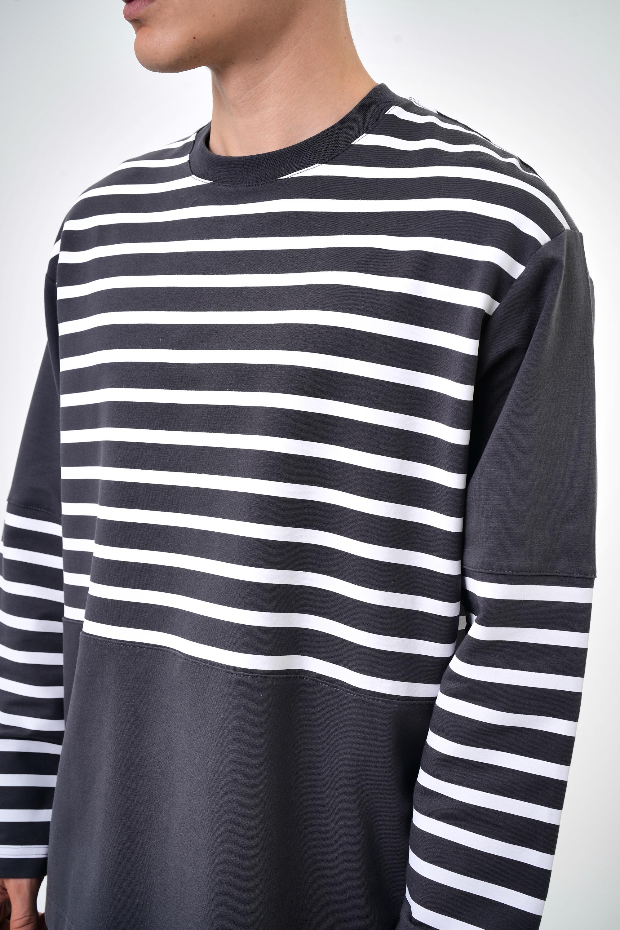 Erkek Overisize Çizgili Striped Sweatshirt   - Füme