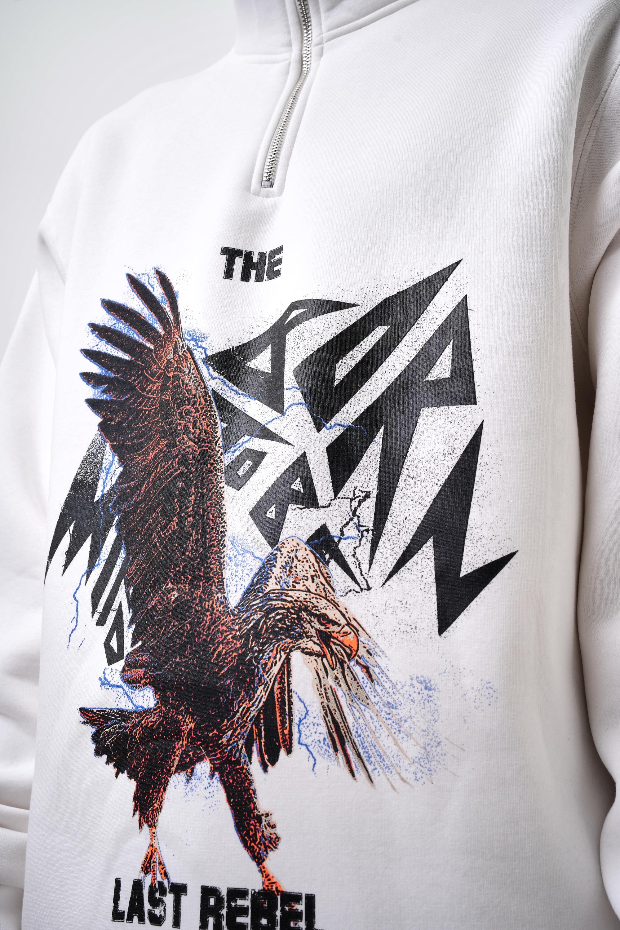 Erkek Oversize The Last Rebel Baskılı Yarım Fermuarlı  Sweatshirt - Ekru