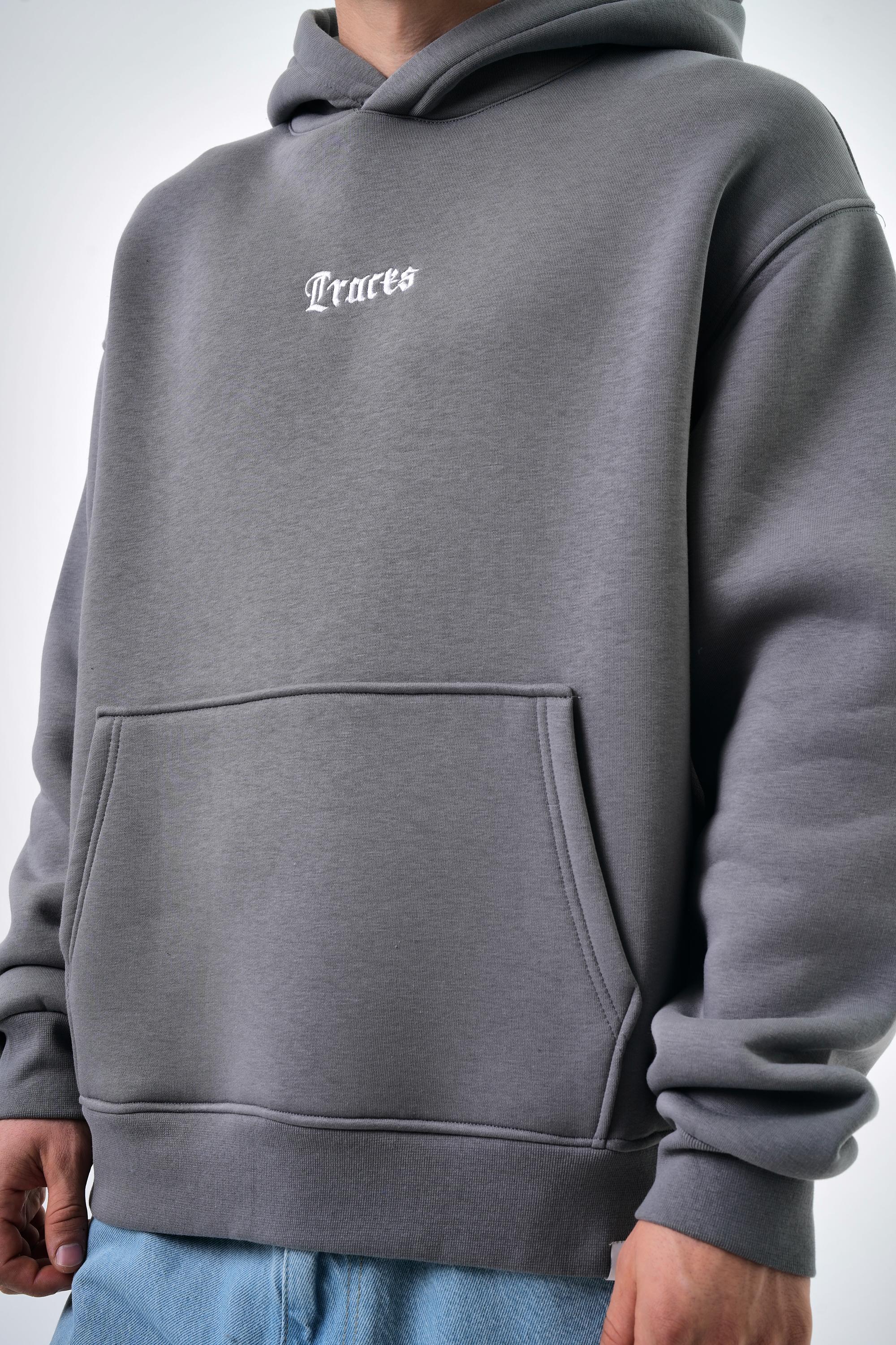 Erkek Oversize Traces Baskılı Hoodie - Gri