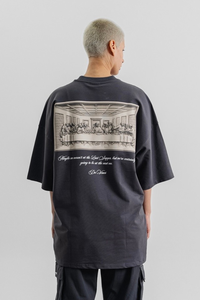 Respire Da Vinci Baskılı Oversize T-Shirt - Füme