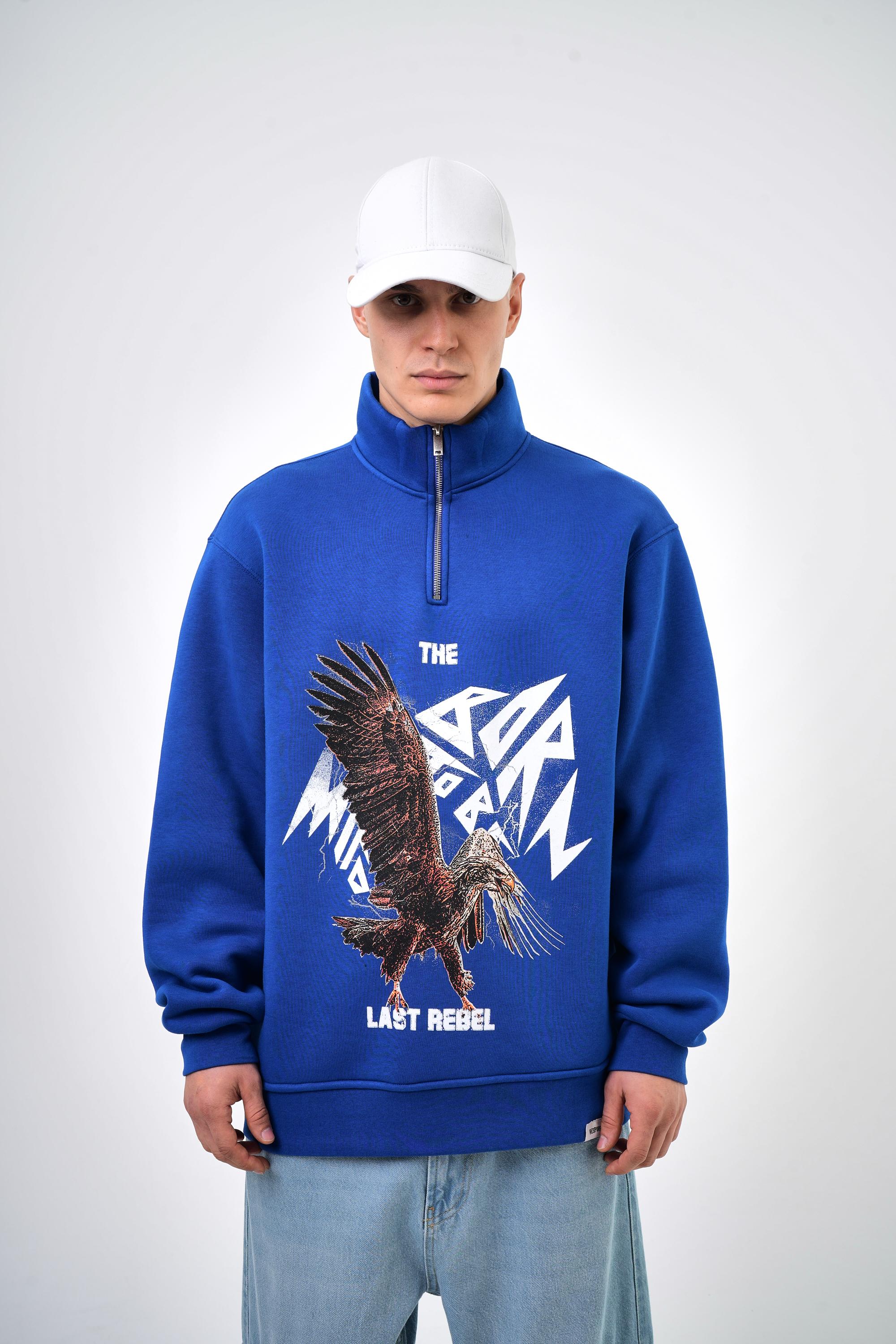 Erkek Oversize The Last Rebel Baskılı Yarım Fermuarlı  Sweatshirt - Saks