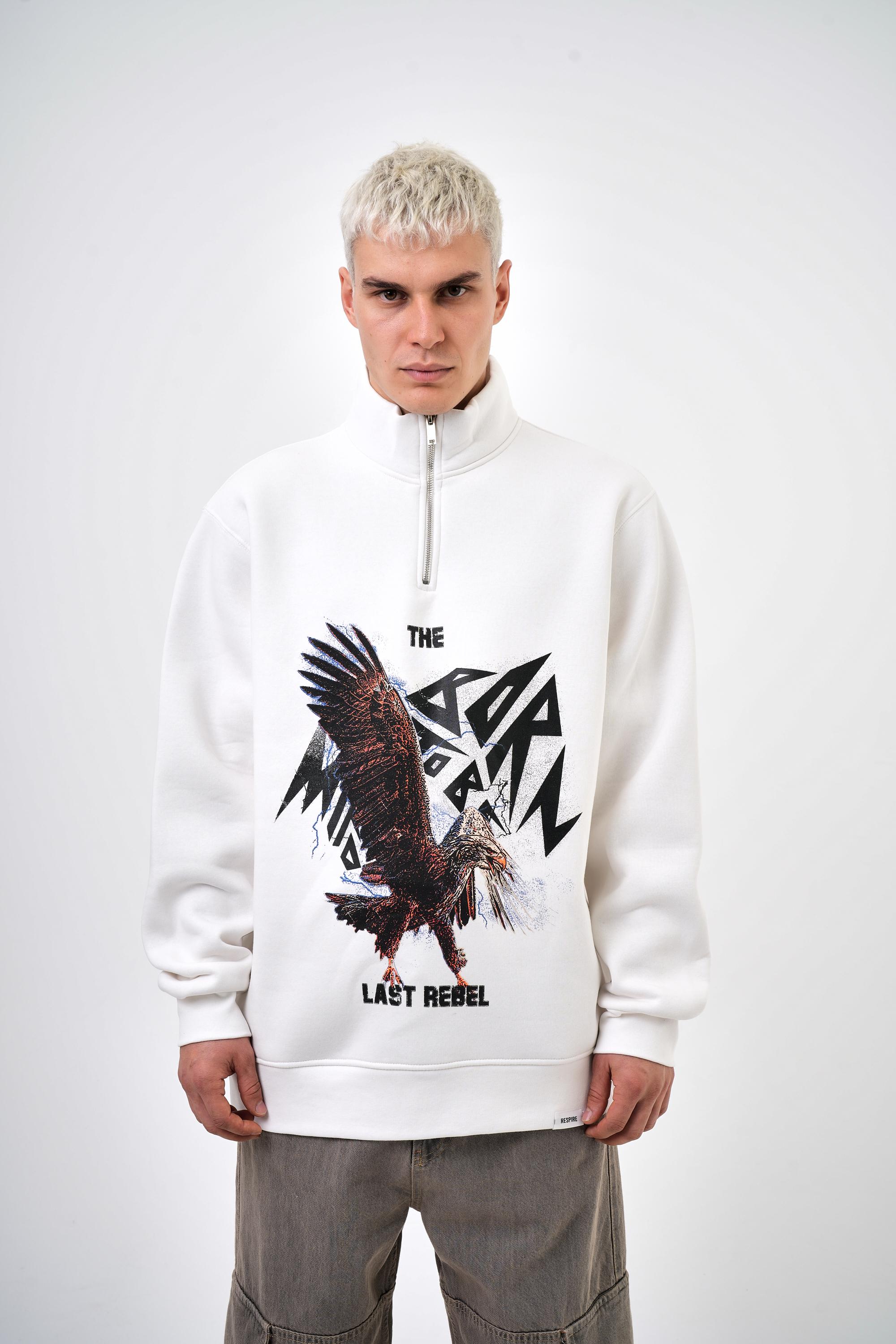 Erkek Oversize The Last Rebel Baskılı Yarım Fermuarlı  Sweatshirt - Ekru