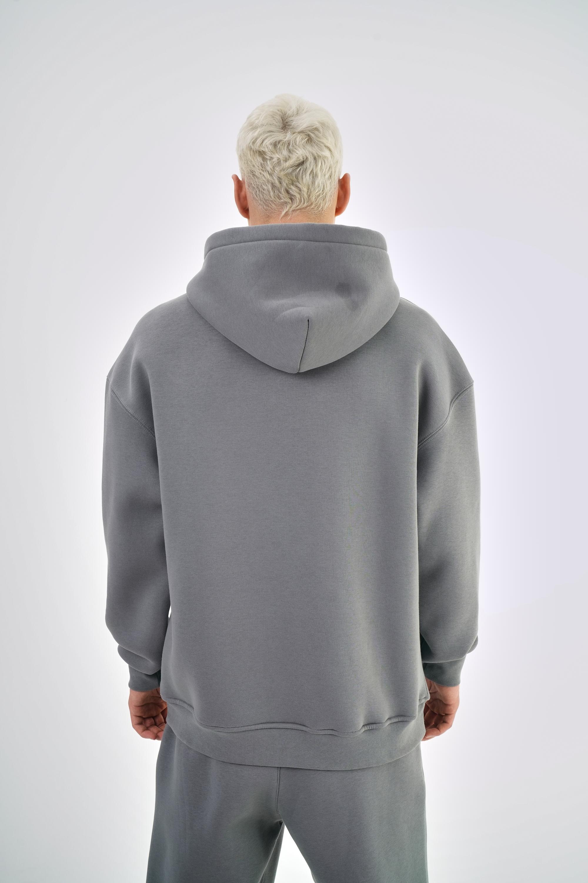 Erkek Oversize Basic Hoodie - Gri