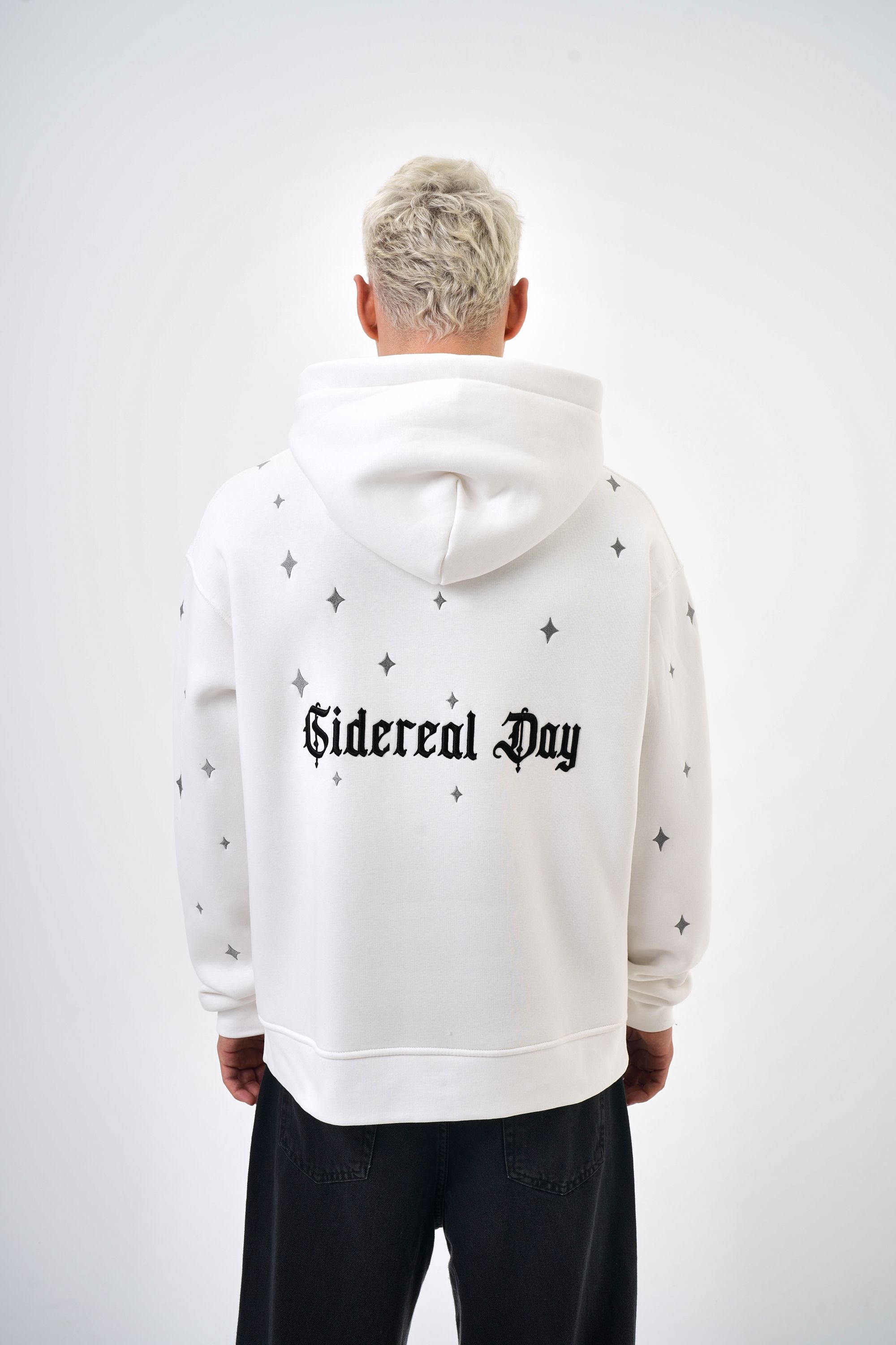 Erkek Oversize Sideral Day Baskılı Hoodie - Ekru