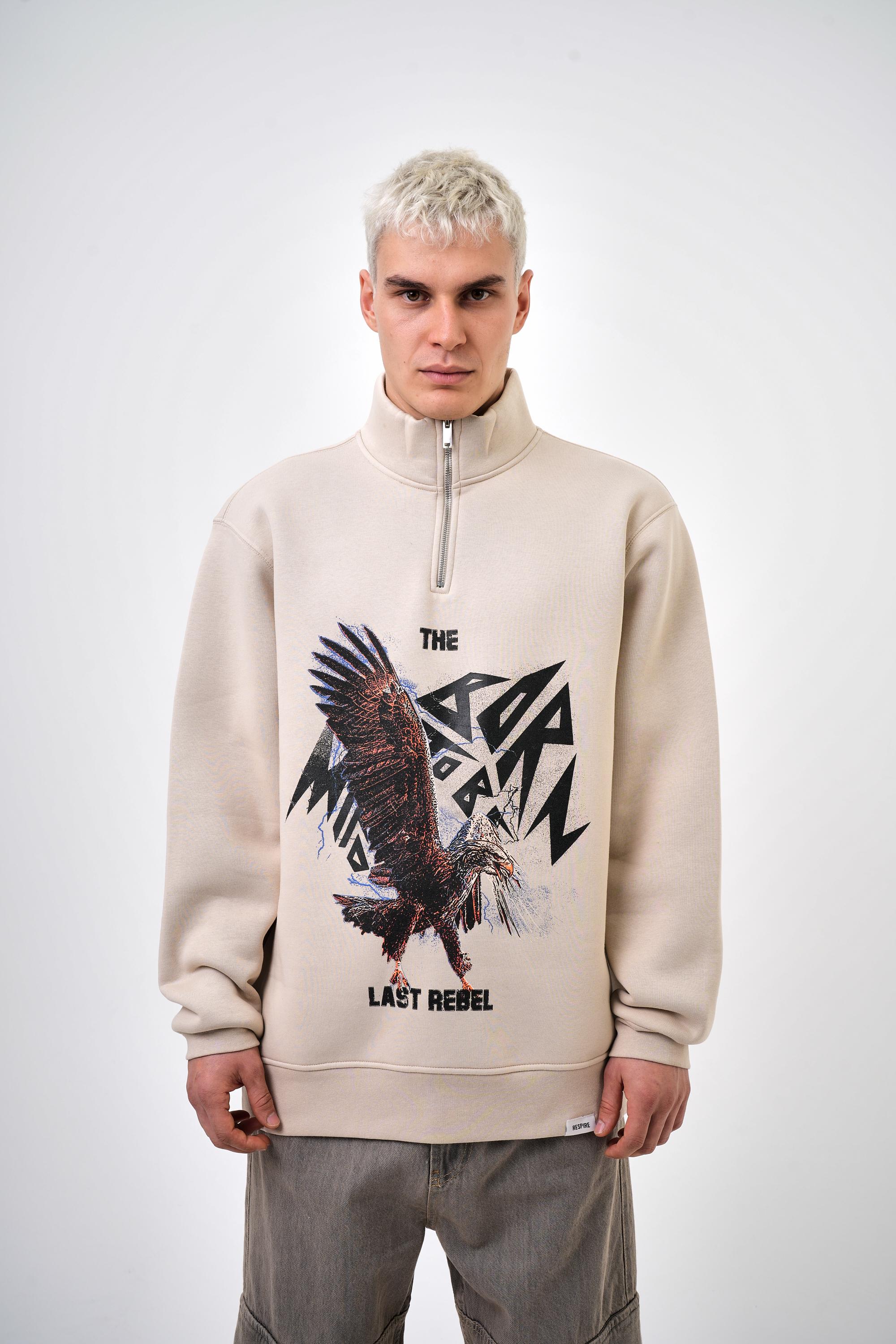 Erkek Oversize The Last Rebel Baskılı Yarım Fermuarlı  Sweatshirt - Bej