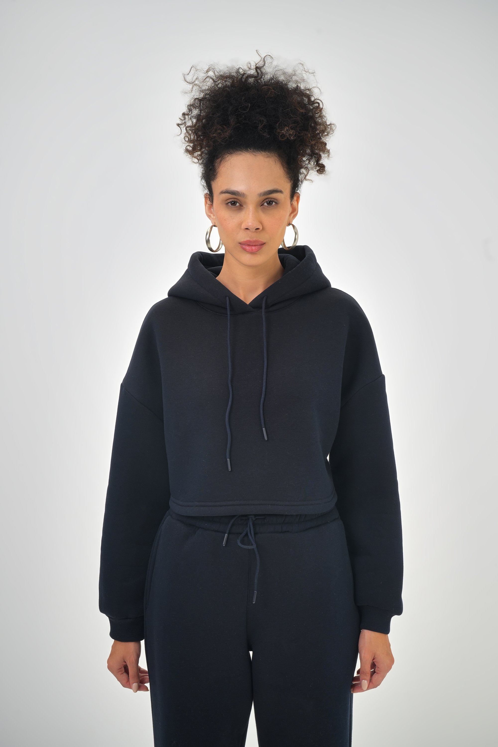 Kadın Kapüşonlu Bağcık Detaylı Oversize Basic Crop Hoodie - Lacivert