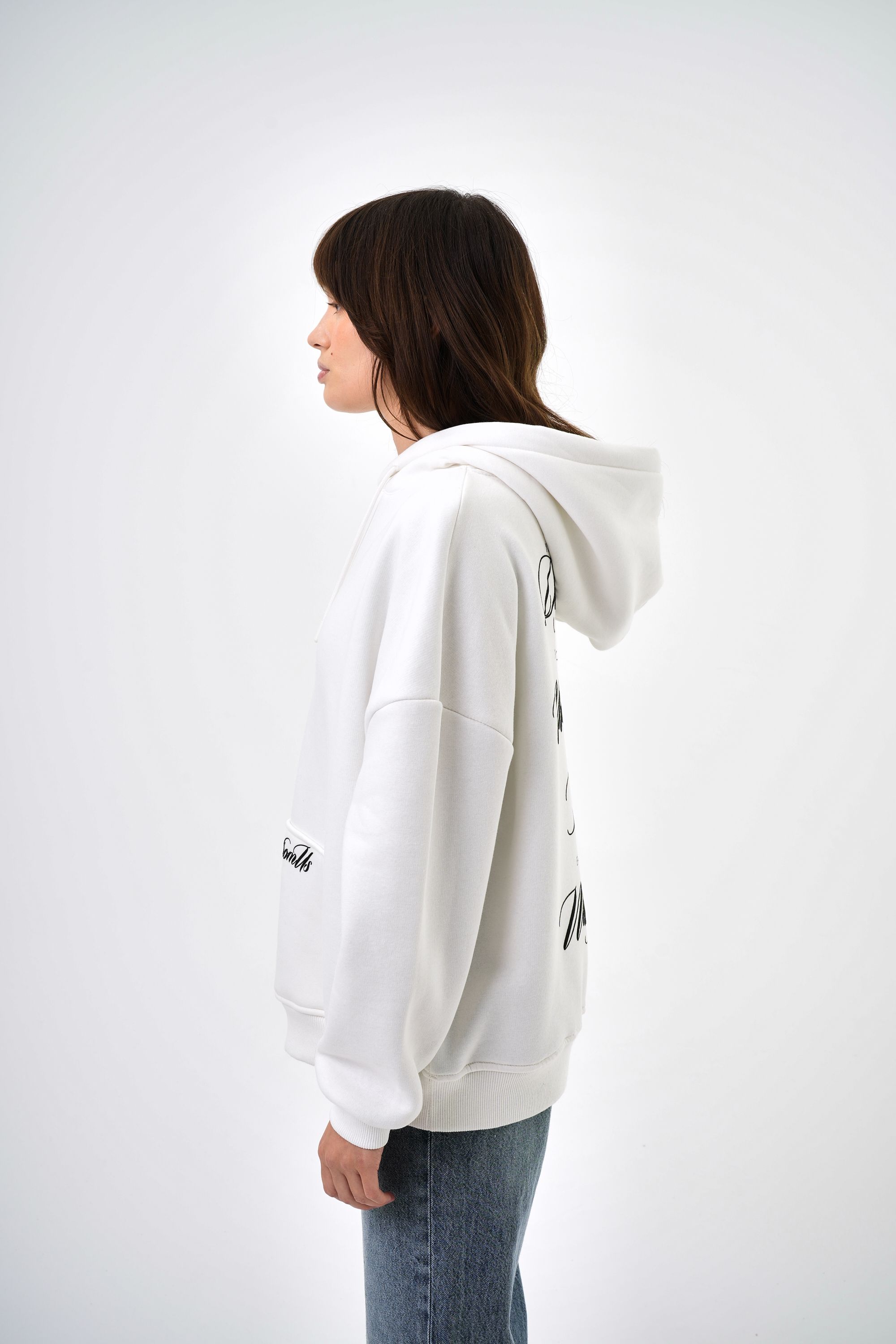 Kadın Want From Us Yazılı Kanguru Cepli Kapüşonlu Oversize Hoodie - Ekru