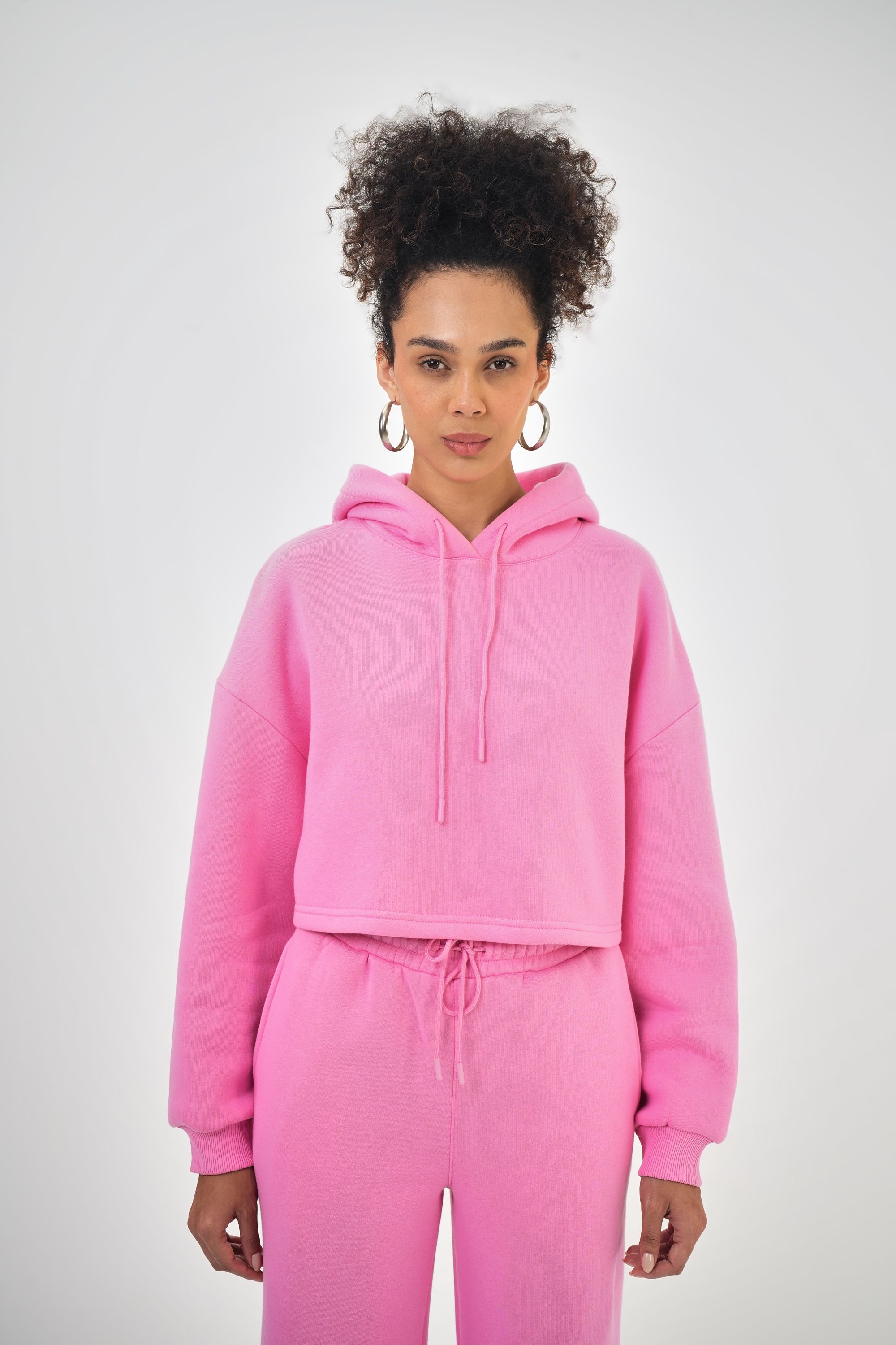 Kadın Kapüşonlu Bağcık Detaylı Oversize Basic Crop Hoodie - Pembe