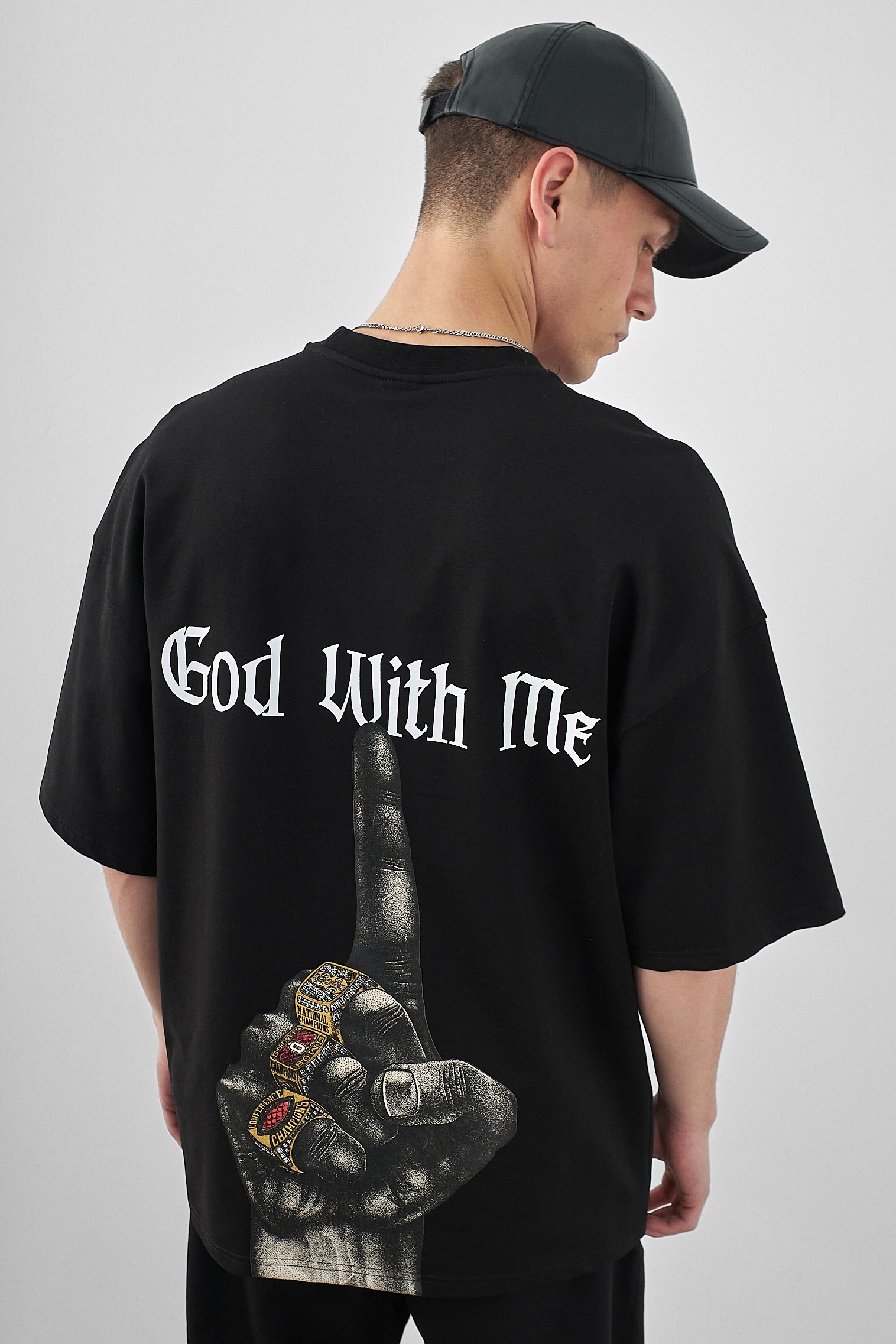 Respire God With Me Baskılı Oversize T-Shirt - Siyah