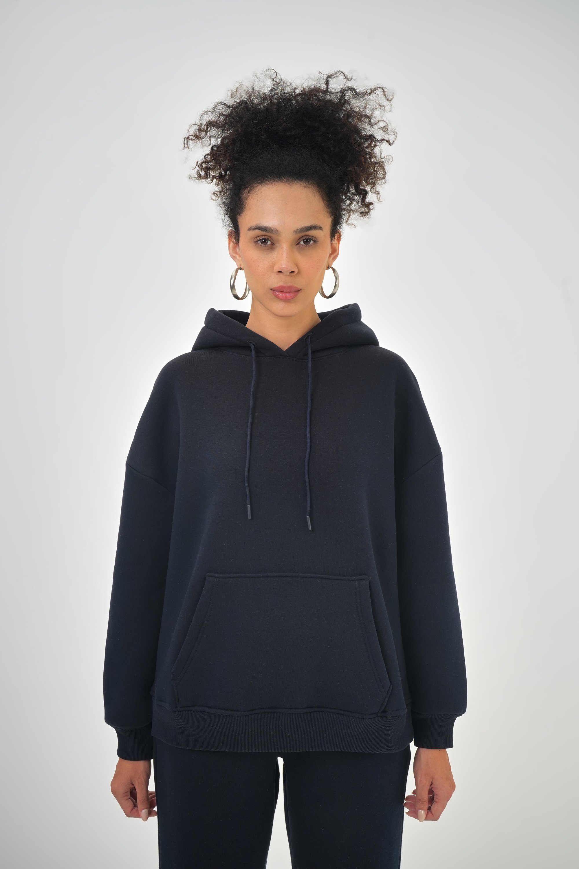 Kadın Kanguru Cepli Kapüşonlu Basic Oversize Hoodie - Lacivert