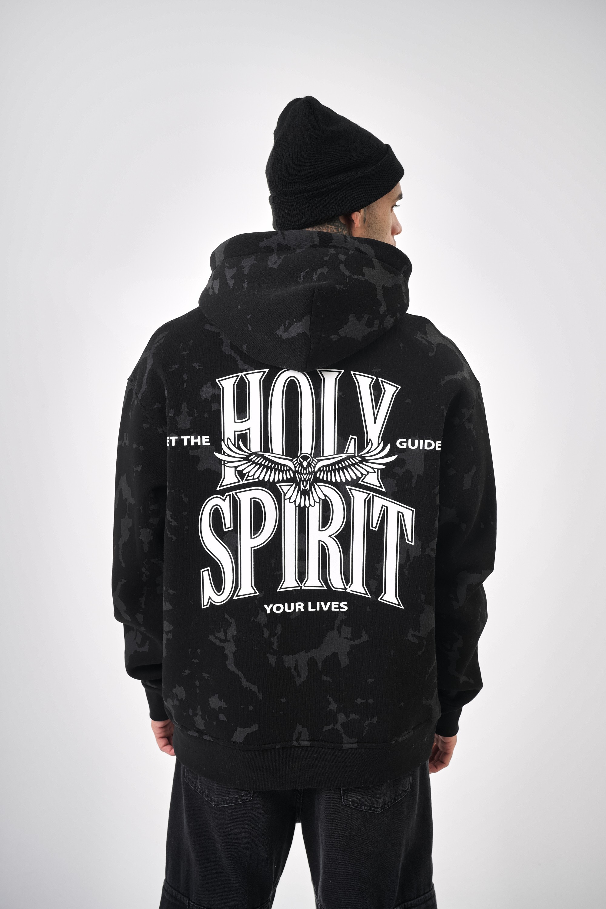 Erkek Holy Spirit Baskılı Oversize Hoodie - Siyah