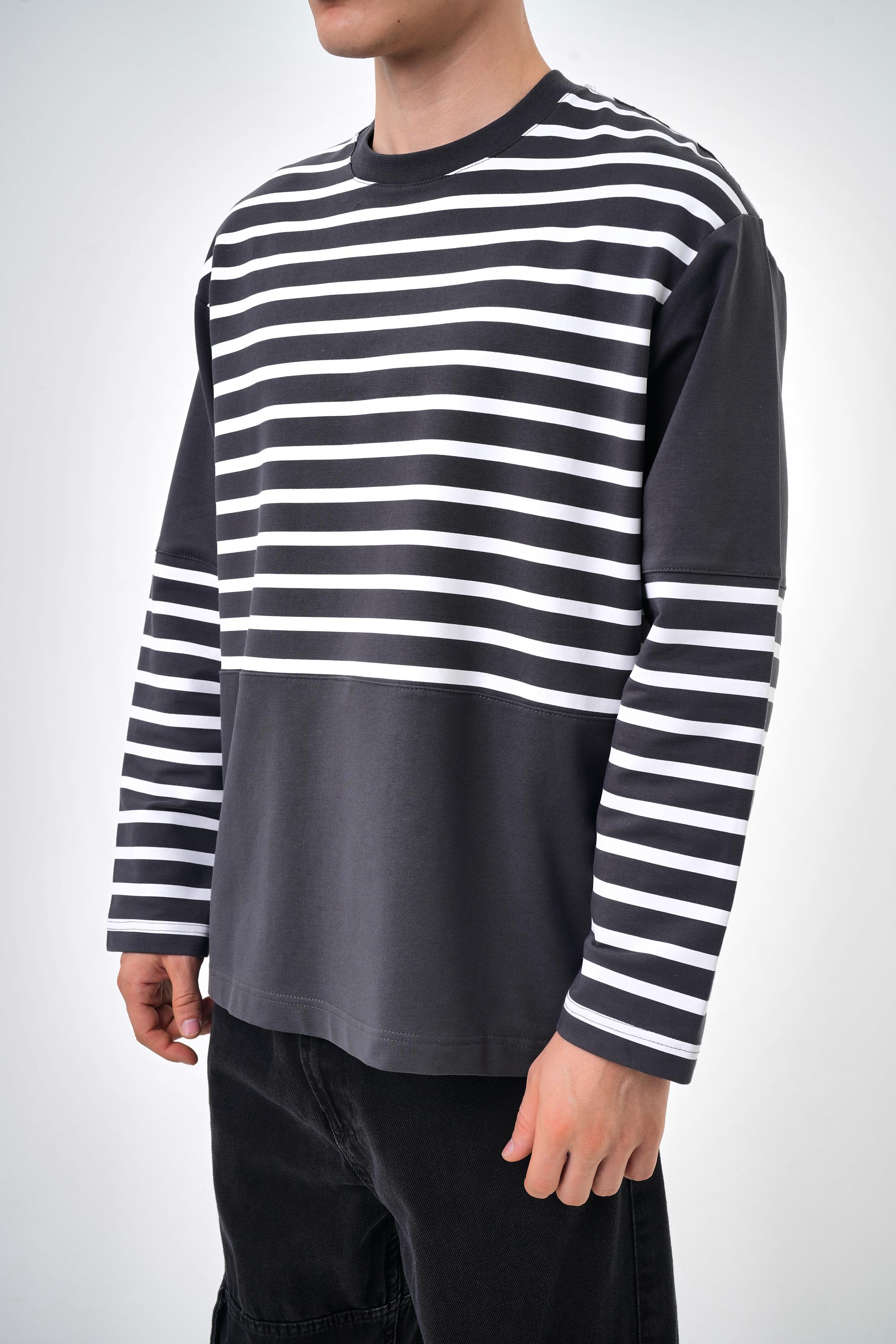 Erkek Overisize Çizgili Striped Sweatshirt   - Füme