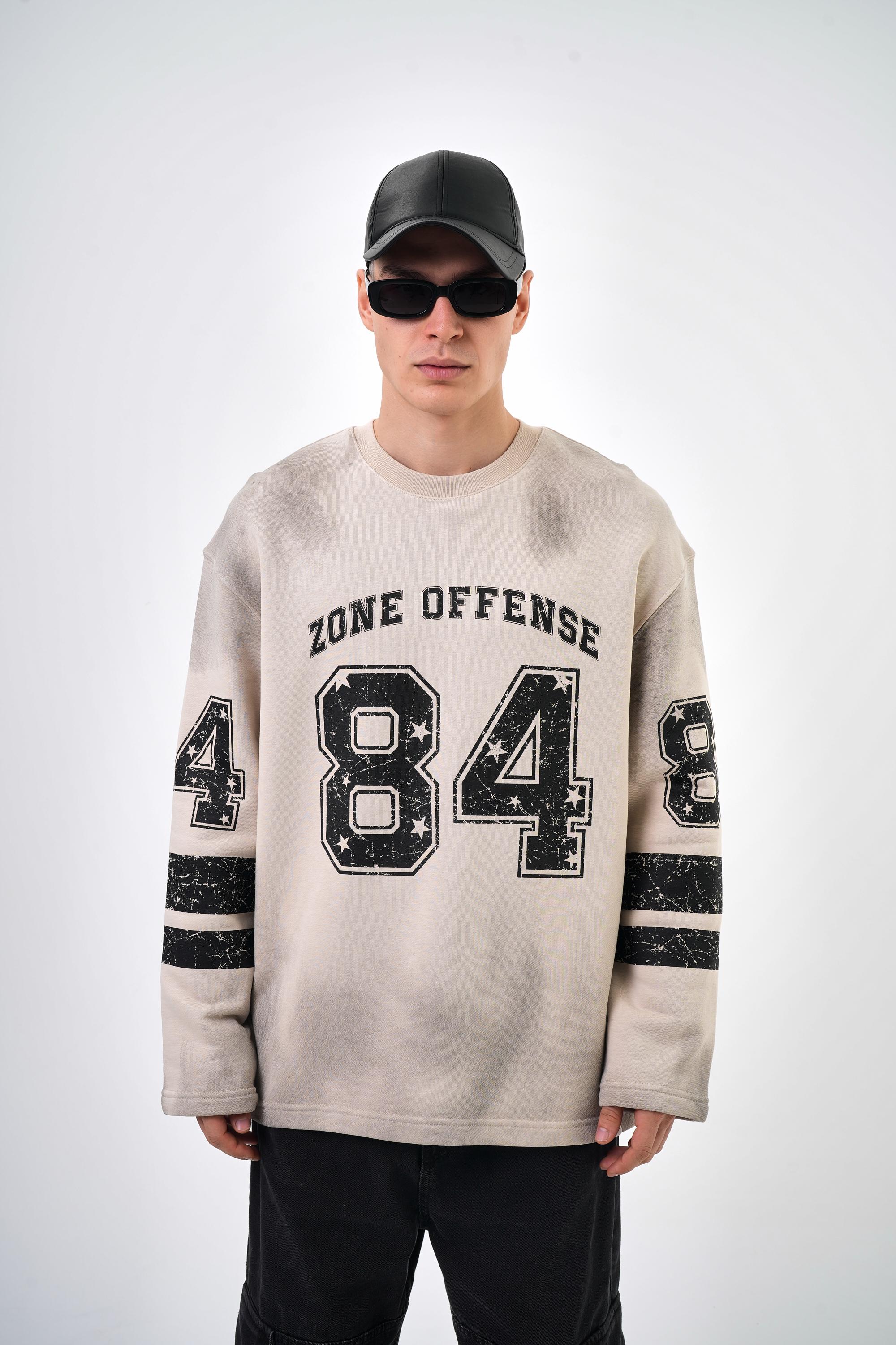 Kol Şerit Detaylı 84 Zone Yazılı Oversize Sweatshirt - Bej