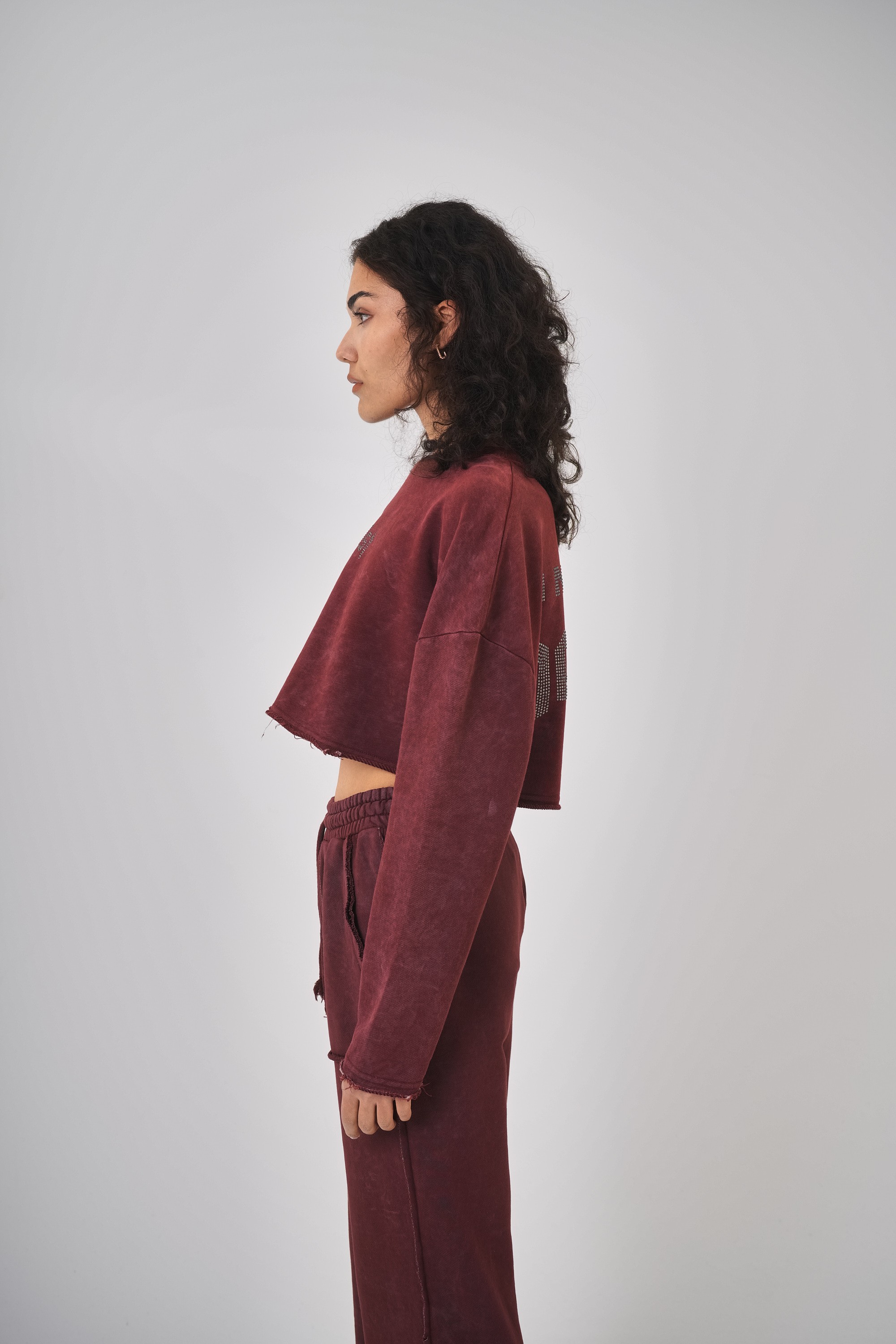 Kadın Yıkamalı Yazılı Taş Detaylı Crop Sweatshirt - Bordo