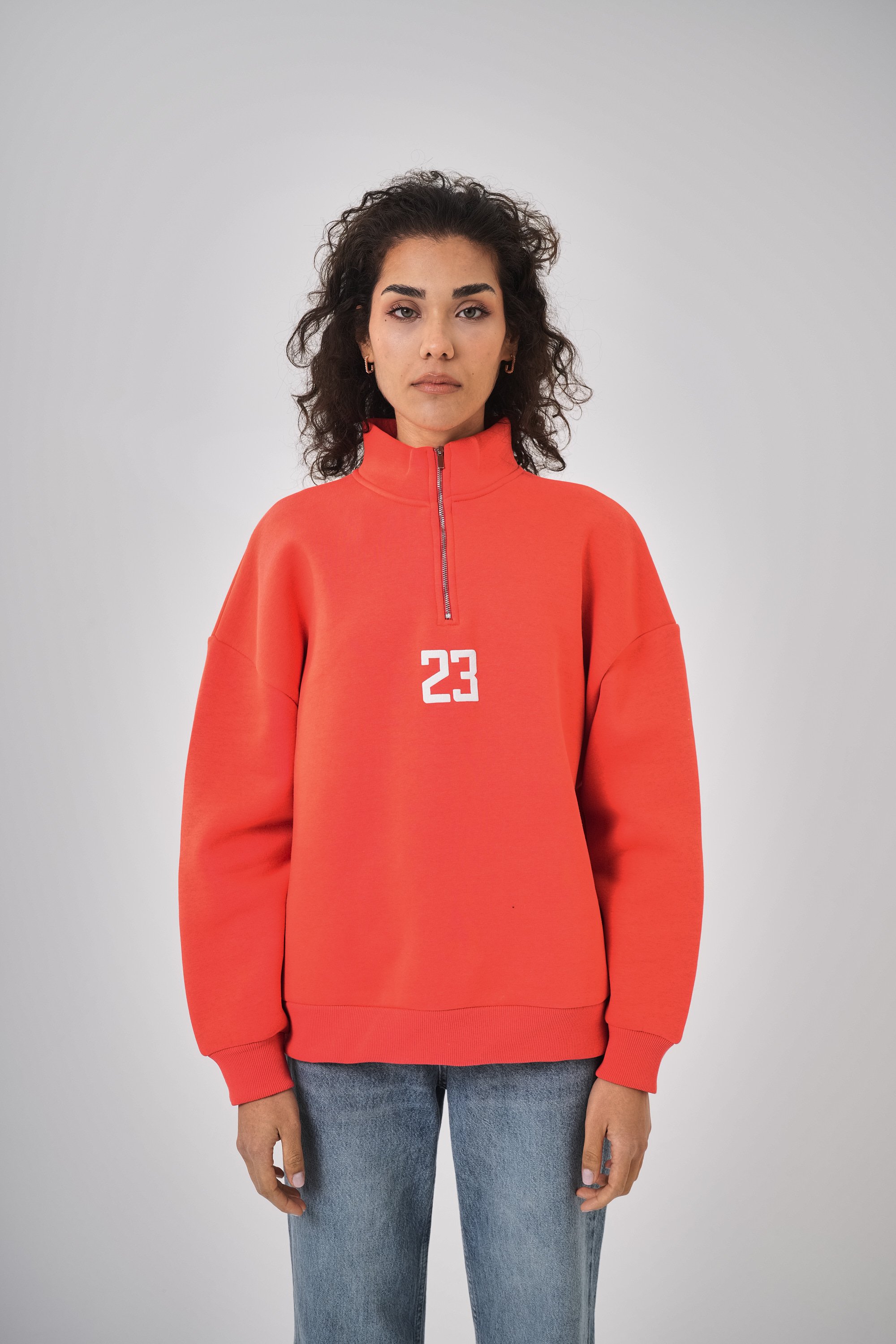 Kadın Oversize Baskılı Yarım Fermuarlı Sweatshirt - Nar