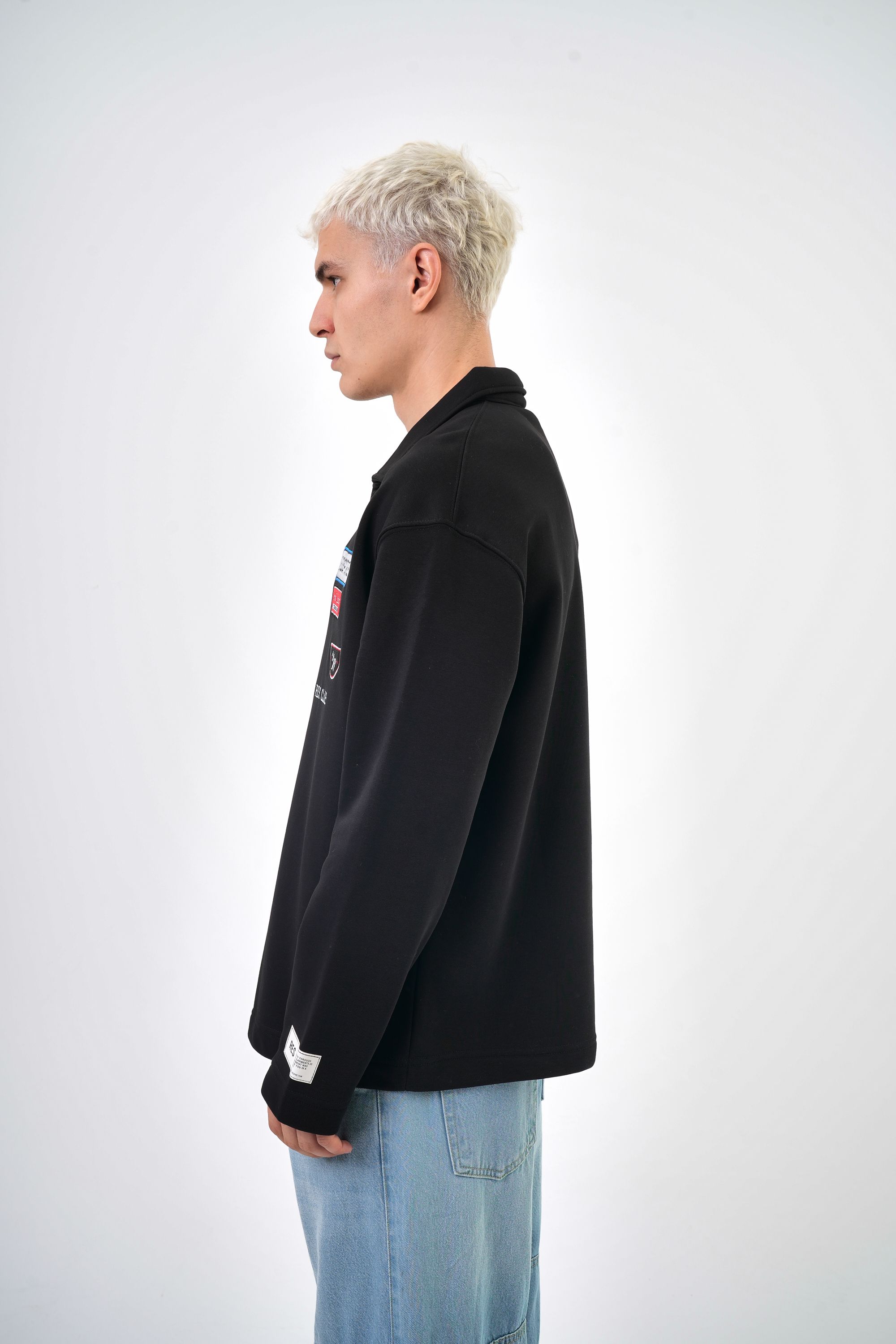 Erkek Oversize Nakış Detaylı Arma Polo Yaka Sweatshirt - Siyah