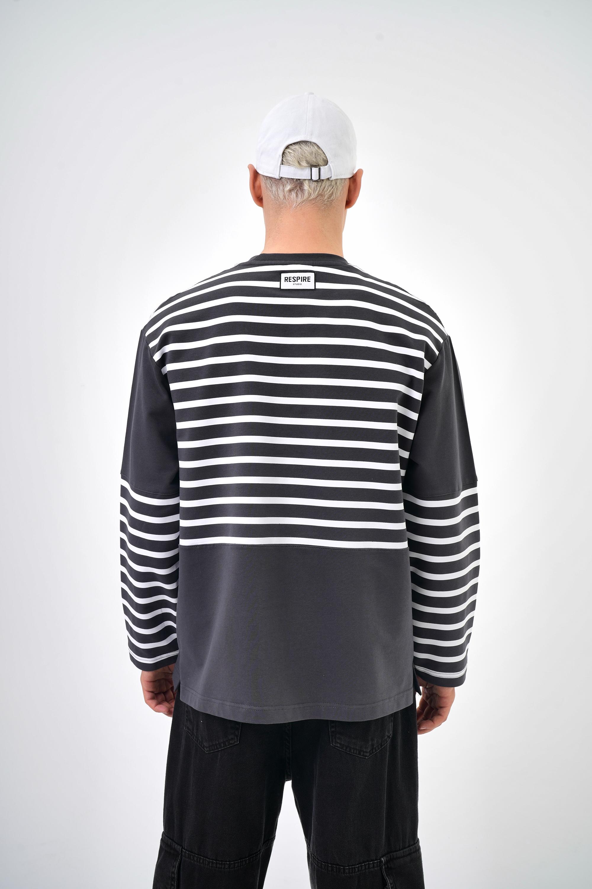 Erkek Overisize Çizgili Striped Sweatshirt   - Füme