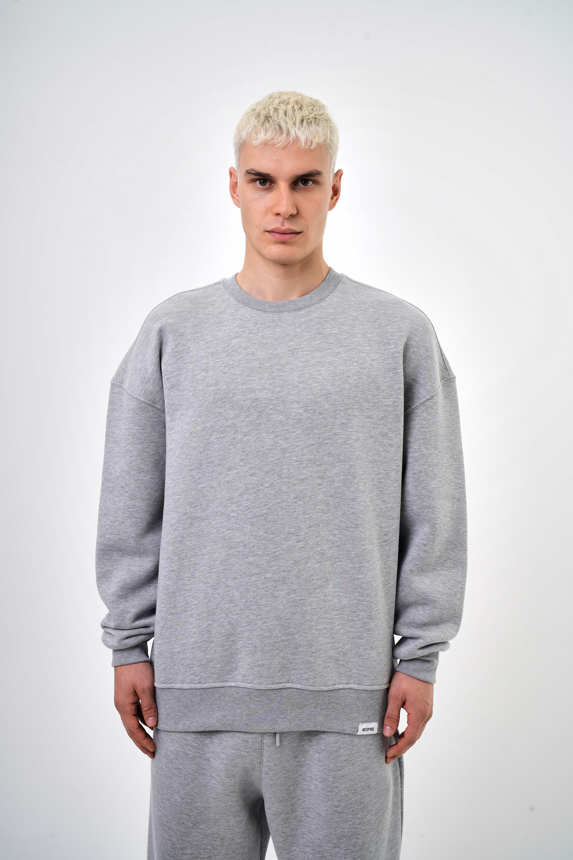 Erkek Bisiklet Yaka Basic Oversize Sweatshirt - Gri Melanj