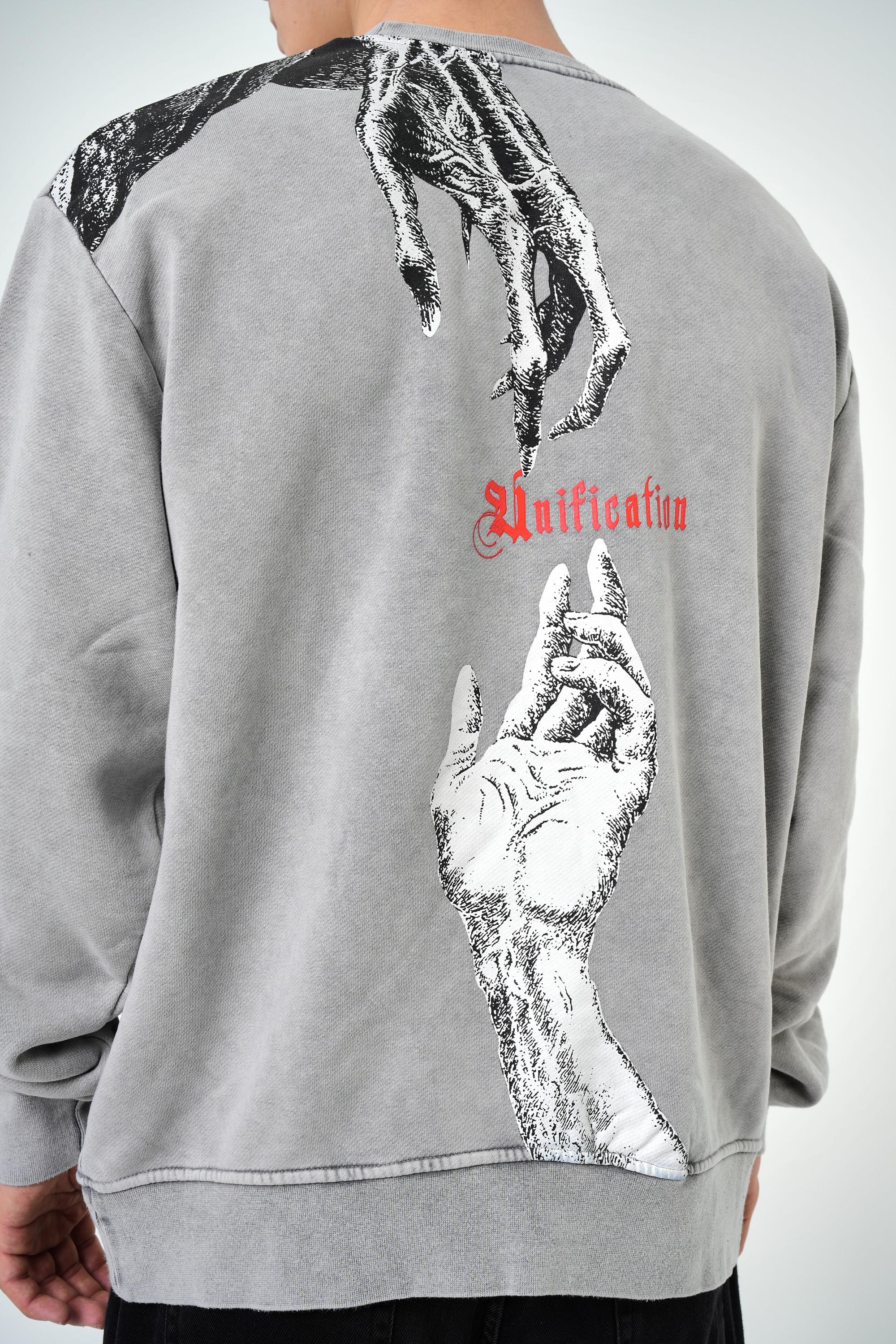 Erkek Oversize Unification Baskılı Yıkamalı Sweatshirt - Gri