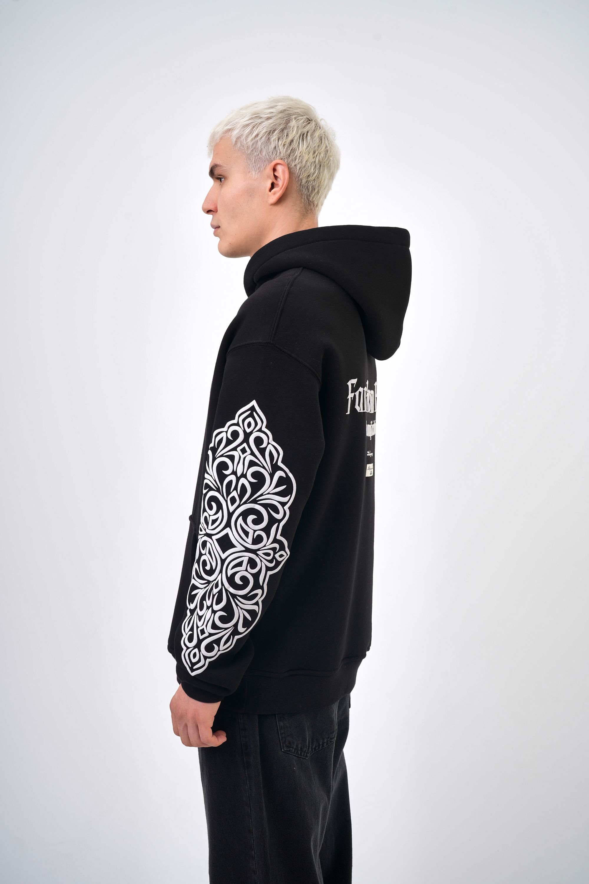 Erkek Oversize Far From Basic Baskılı Kapüşonlu Hoodie - Siyah