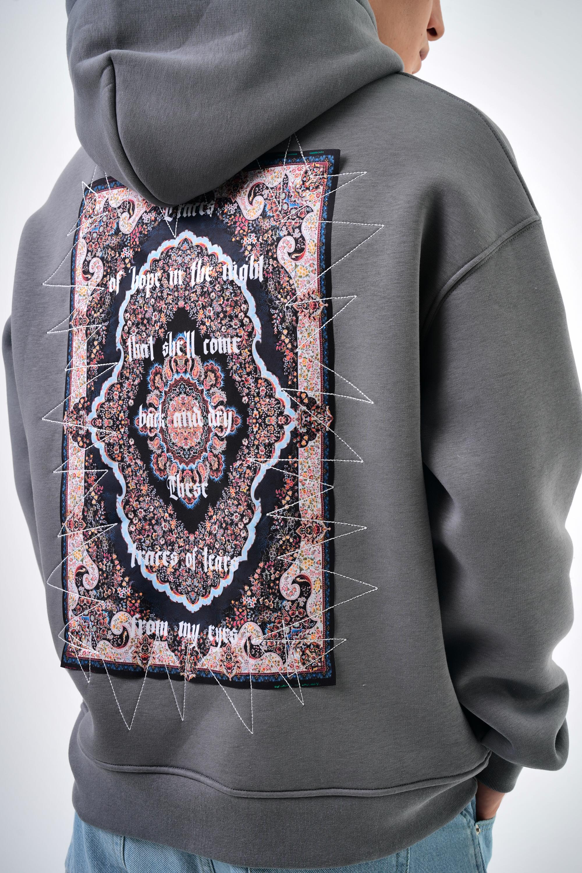 Erkek Oversize Traces Baskılı Hoodie - Gri