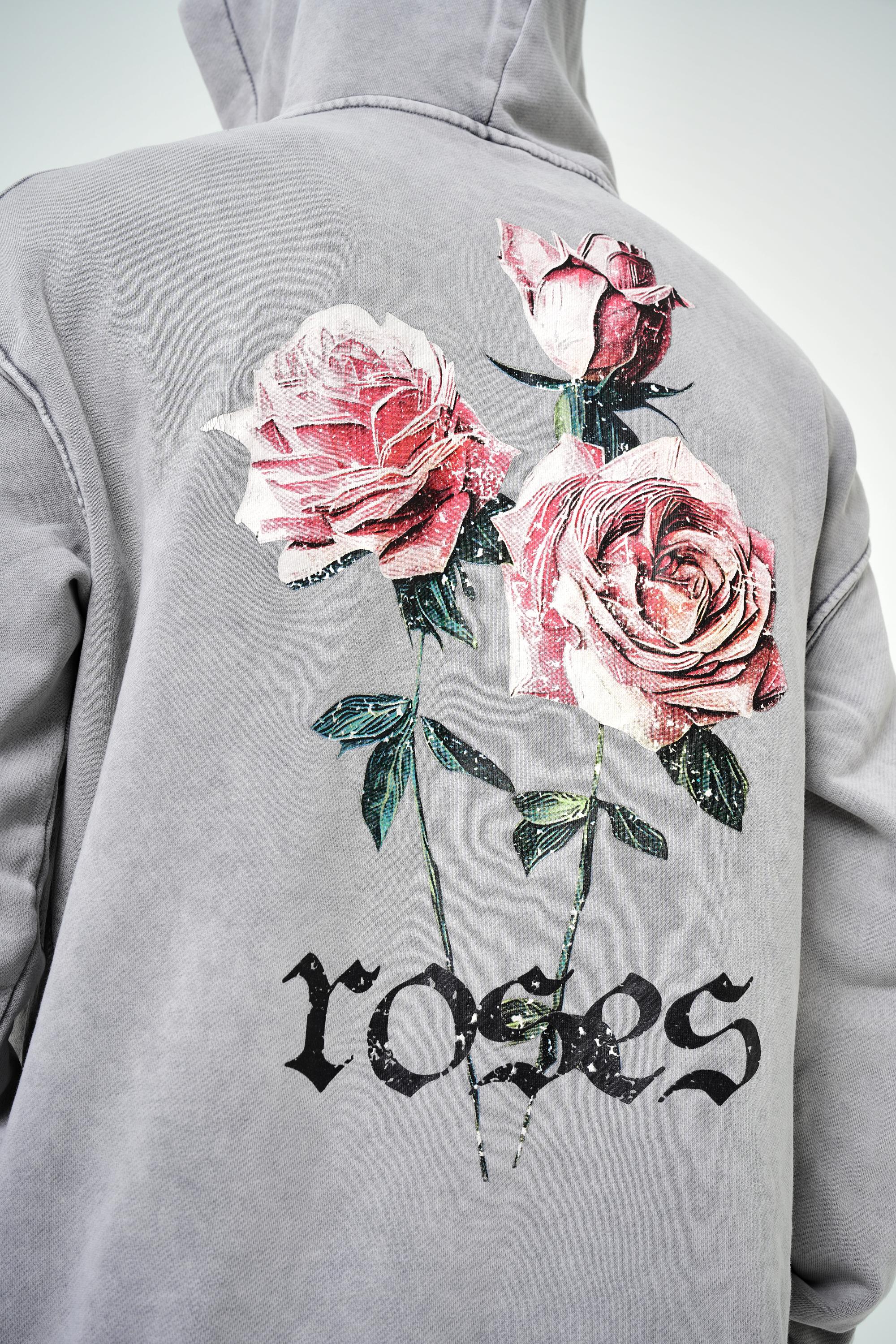 Erkek Oversize Roses Yazılı Yıkamalı Hoodie - Gri