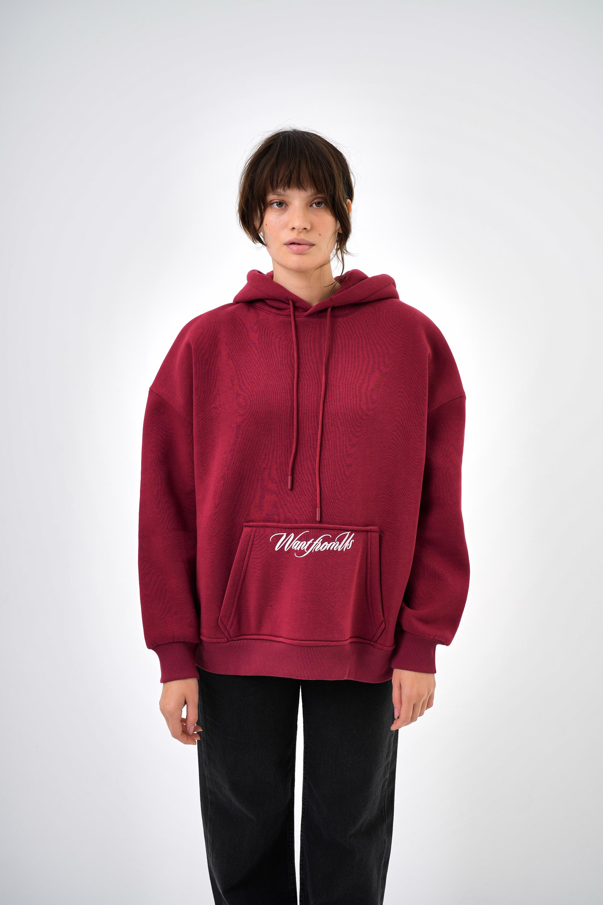 Kadın Want From Us Yazılı Kanguru Cepli Kapüşonlu Oversize Hoodie