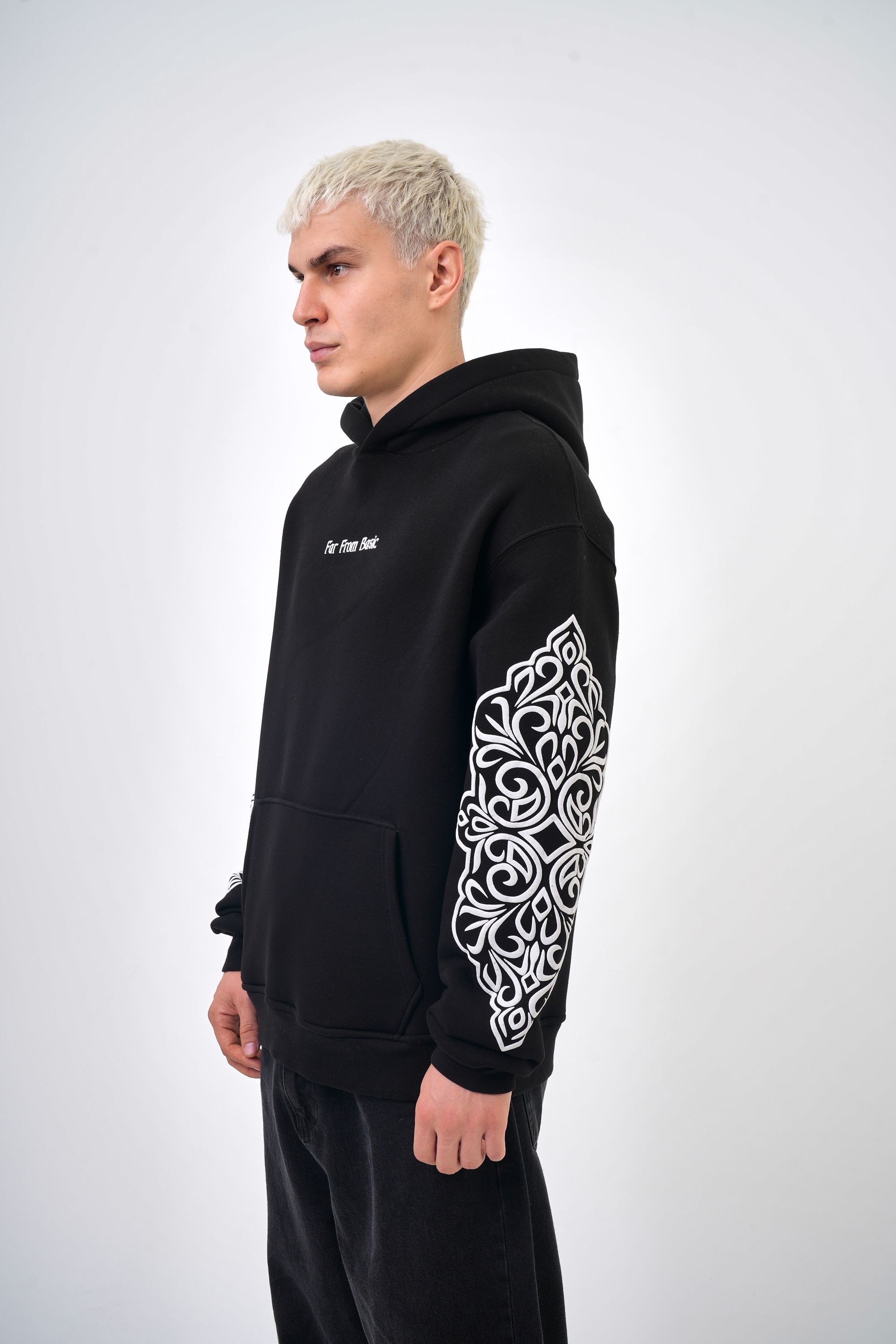 Erkek Oversize Far From Basic Baskılı Kapüşonlu Hoodie - Siyah