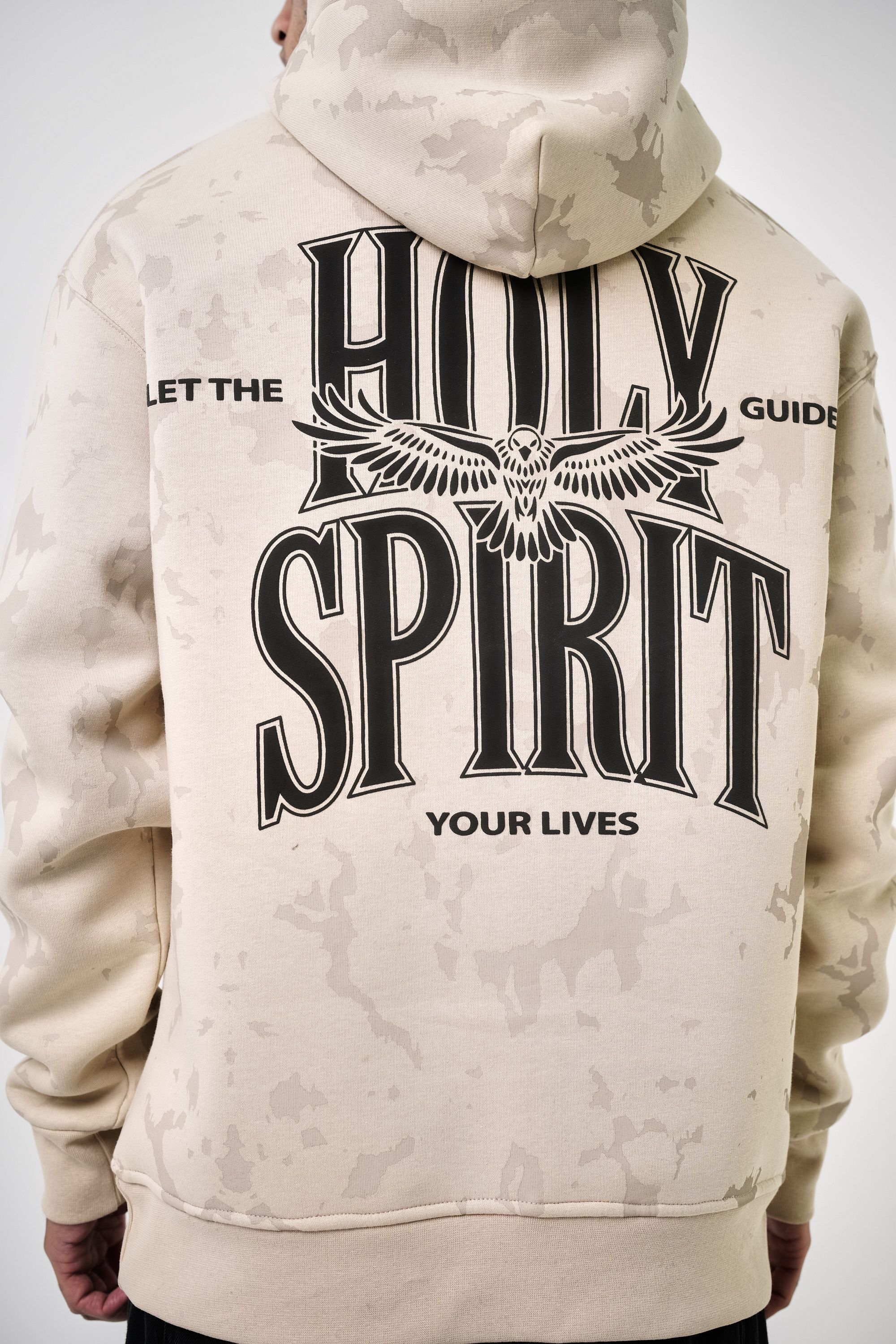 Erkek Holy Spirit Baskılı Oversize Hoodie - Bej