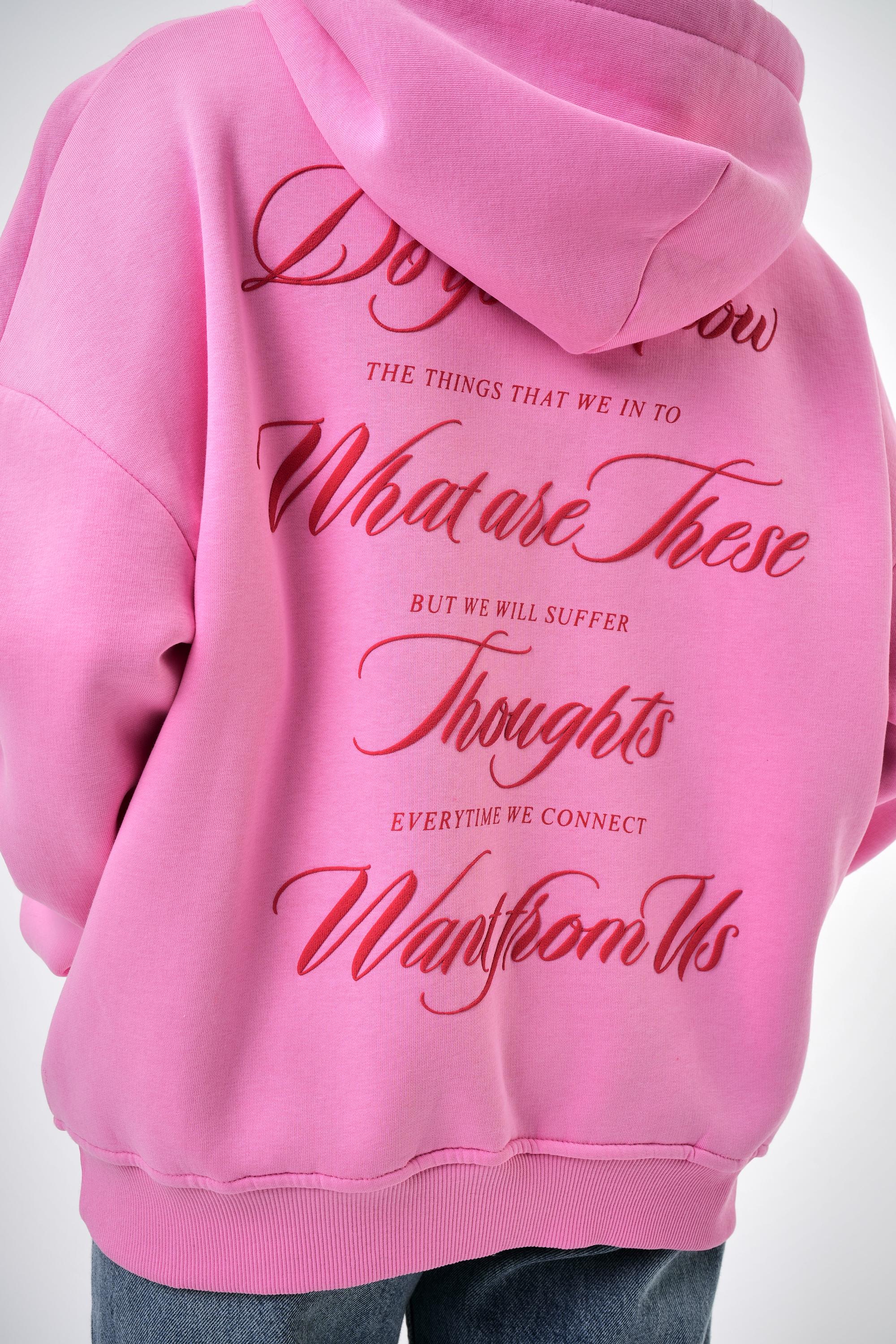 Kadın Want From Us Yazılı Kanguru Cepli Kapüşonlu Oversize Hoodie - Pembe