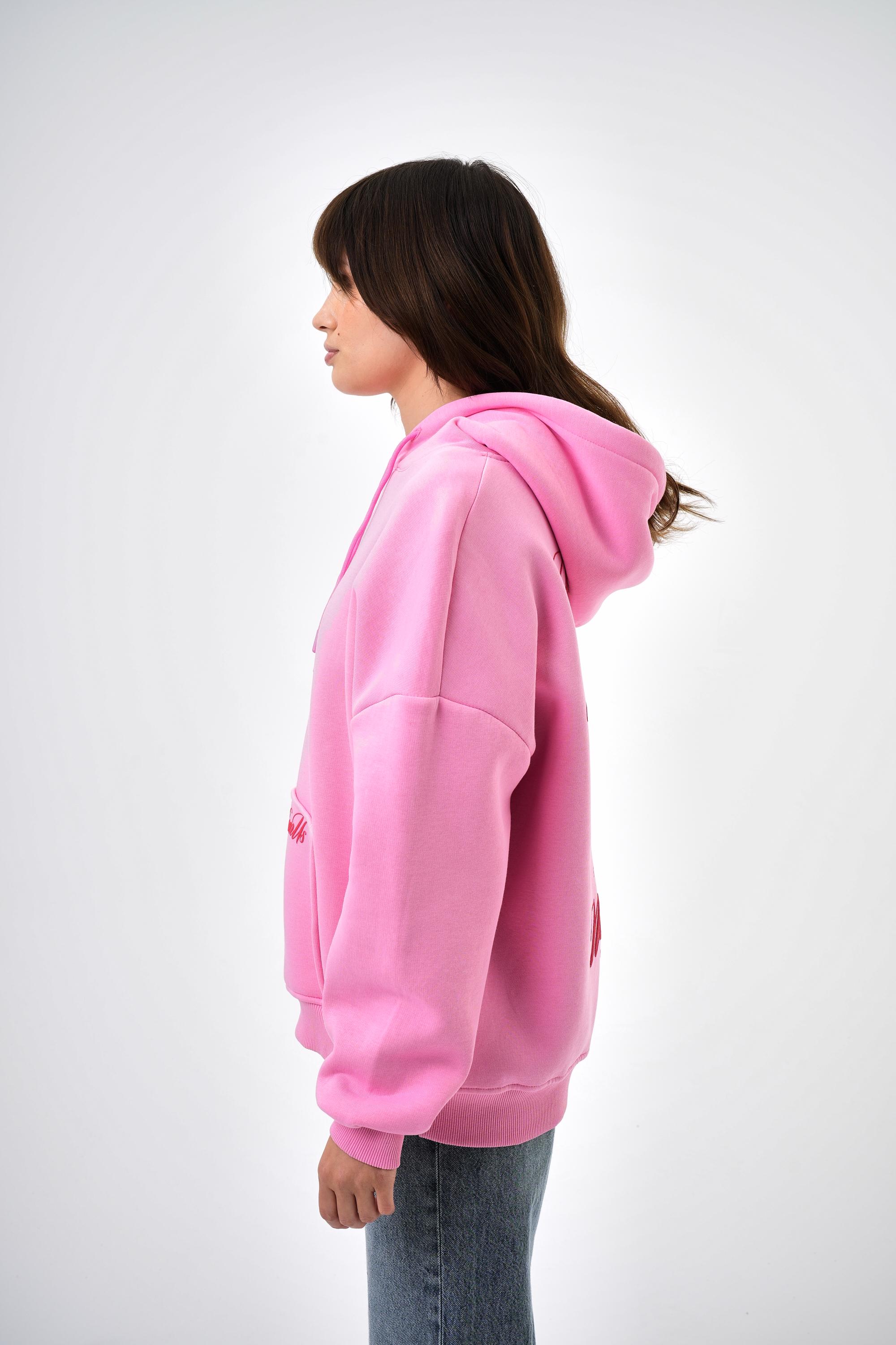 Kadın Want From Us Yazılı Kanguru Cepli Kapüşonlu Oversize Hoodie - Pembe